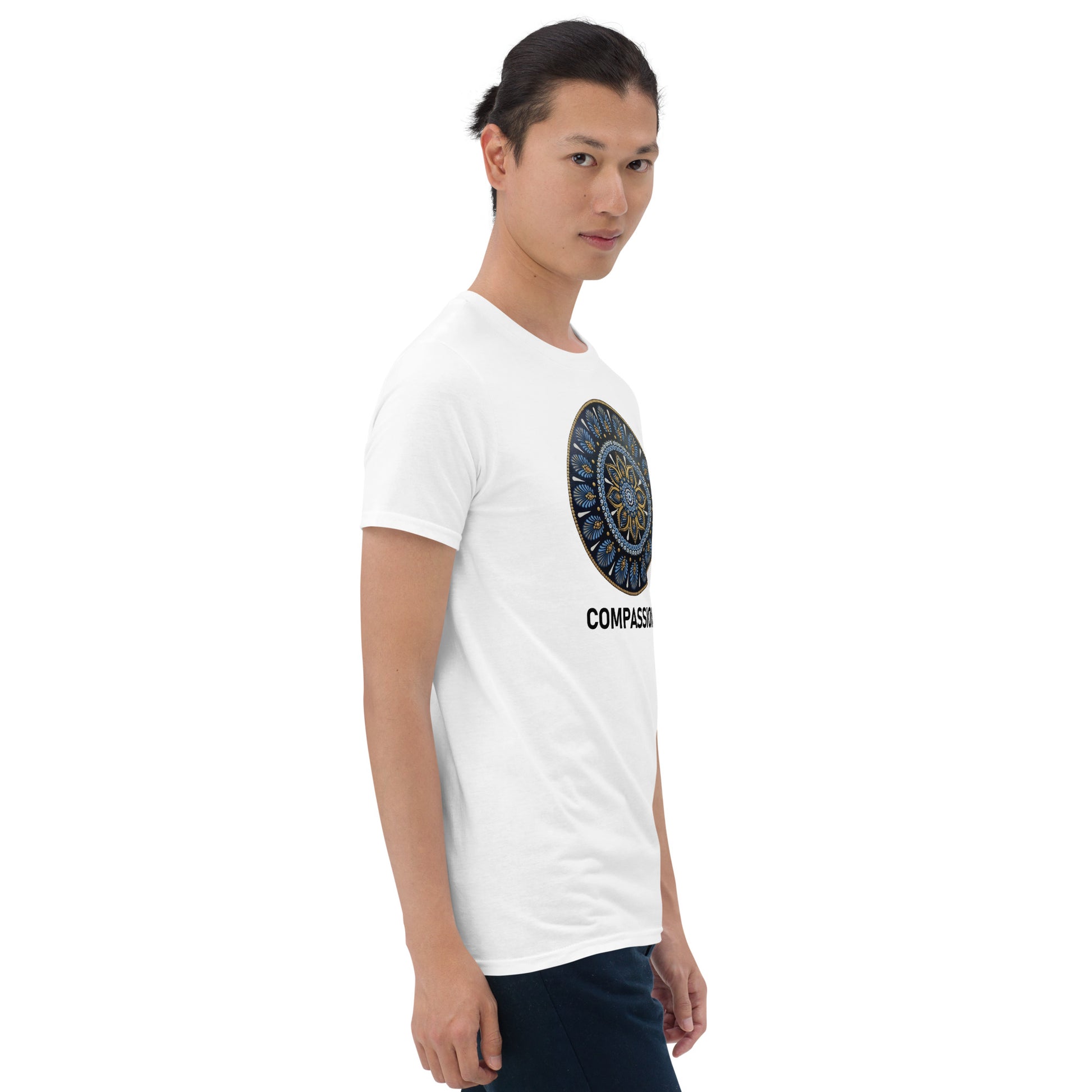 Unisex Softstyle T-Shirt (mandala with gold rim | on front | COMPASSION in black lettering)