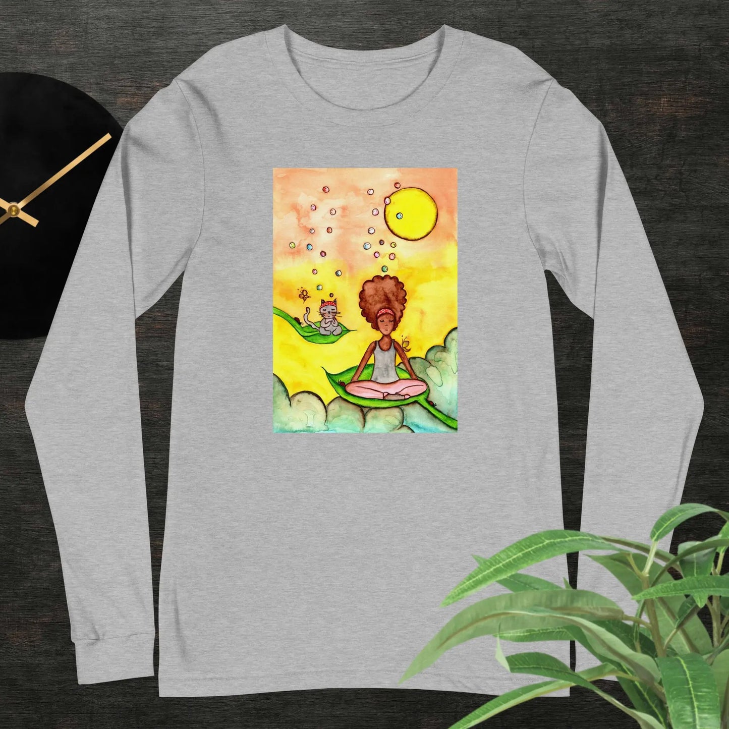 Unisex Long Sleeve Tee (cat and woman meditating)