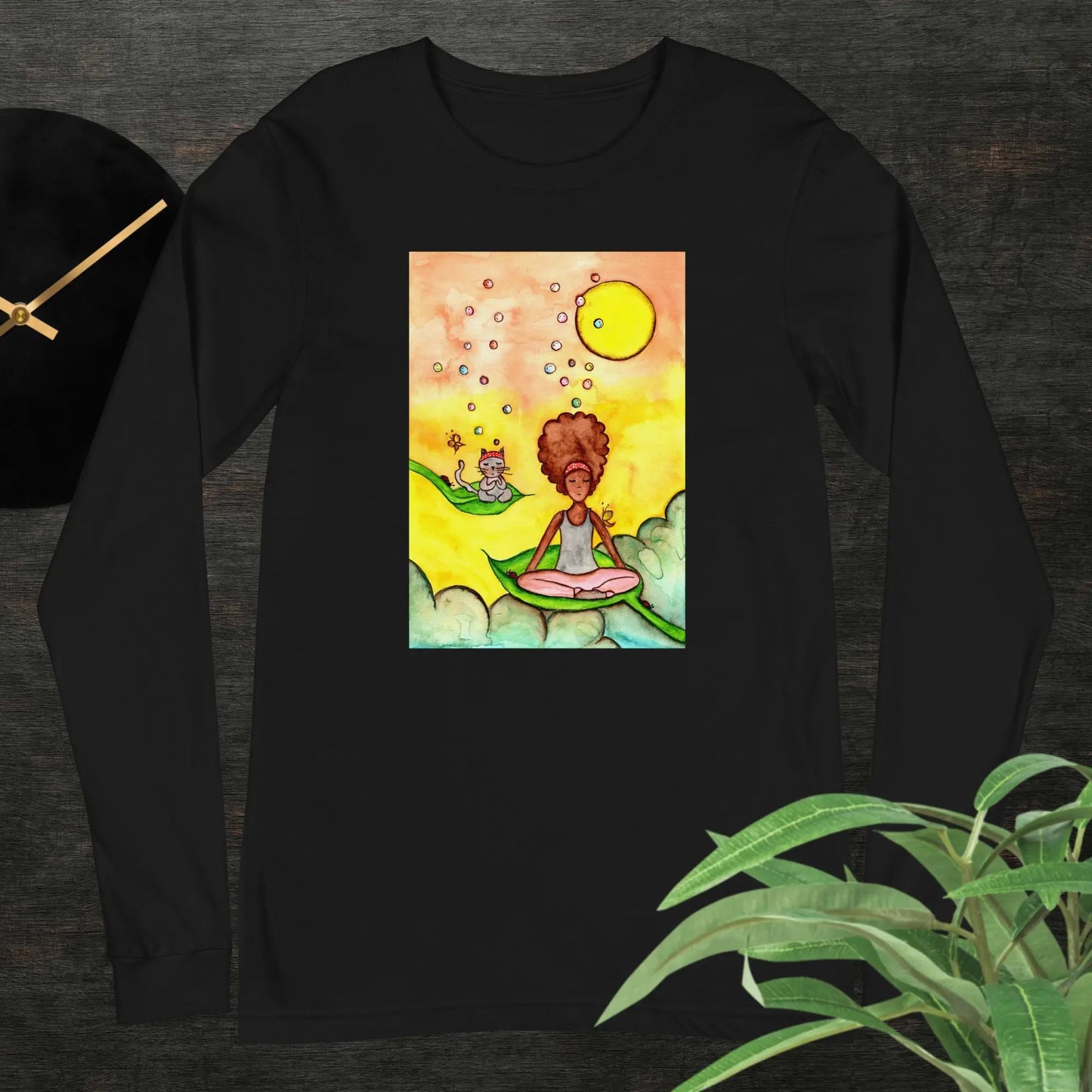 Unisex Long Sleeve Tee (cat and woman meditating)