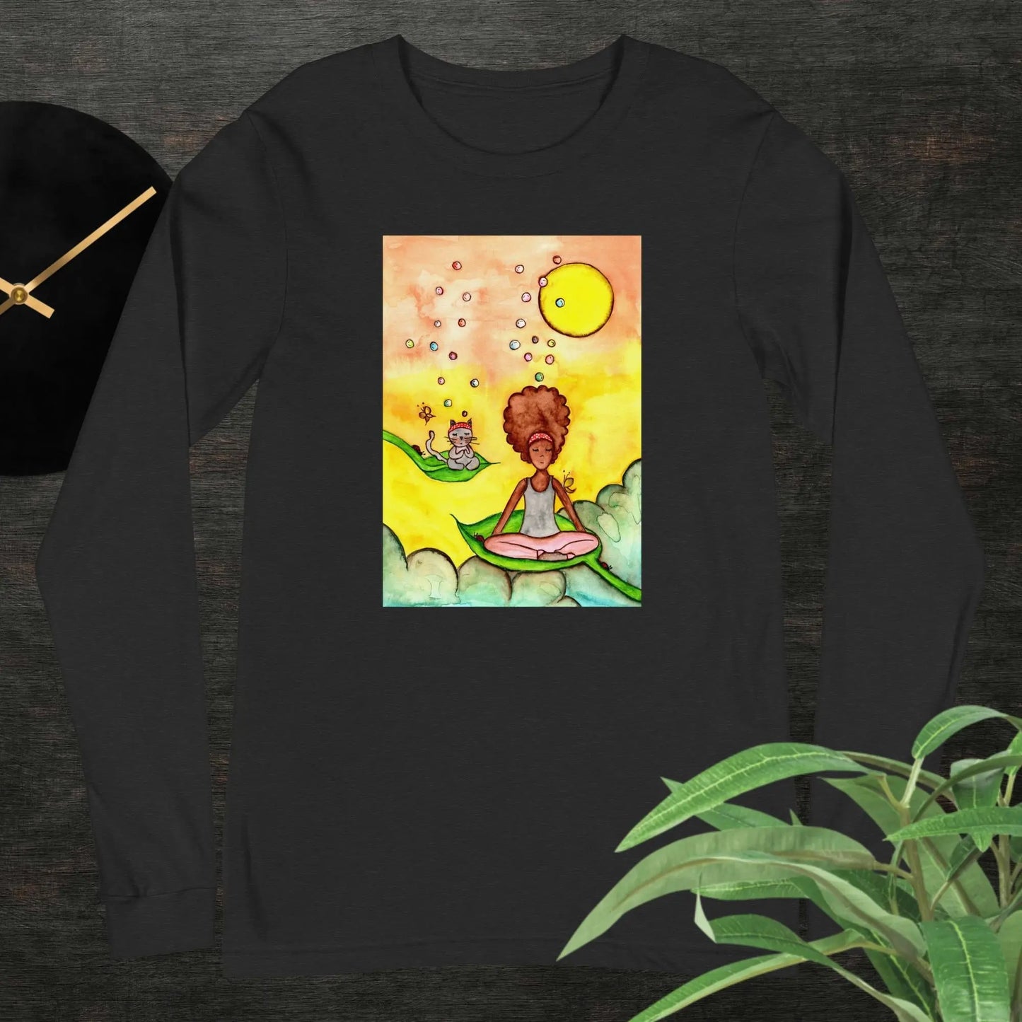 Unisex Long Sleeve Tee (cat and woman meditating)