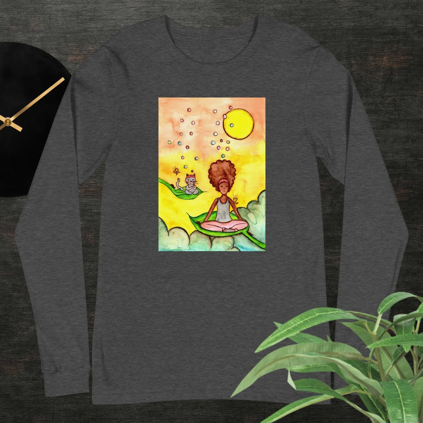 Unisex Long Sleeve Tee (cat and woman meditating)