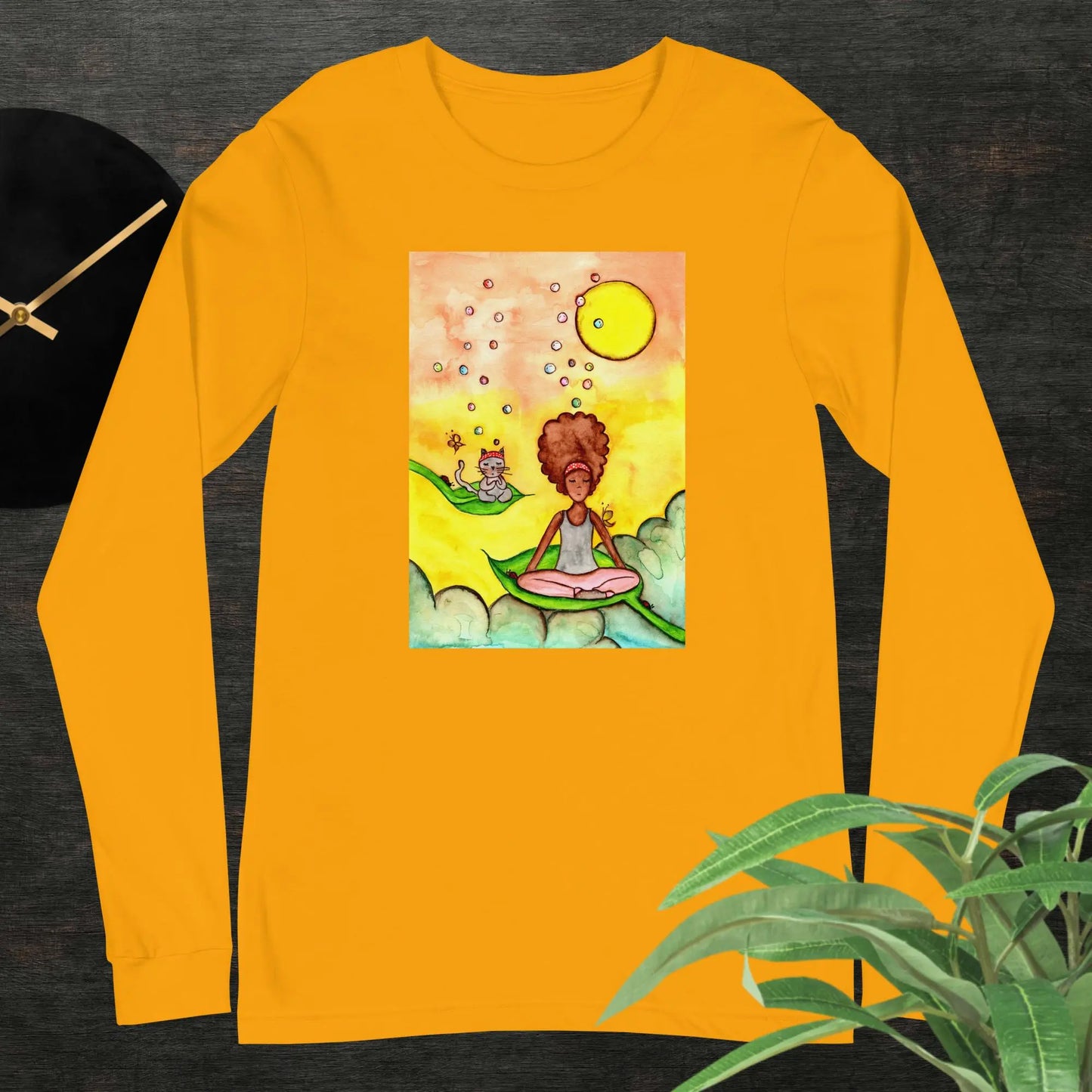 Unisex Long Sleeve Tee (cat and woman meditating)