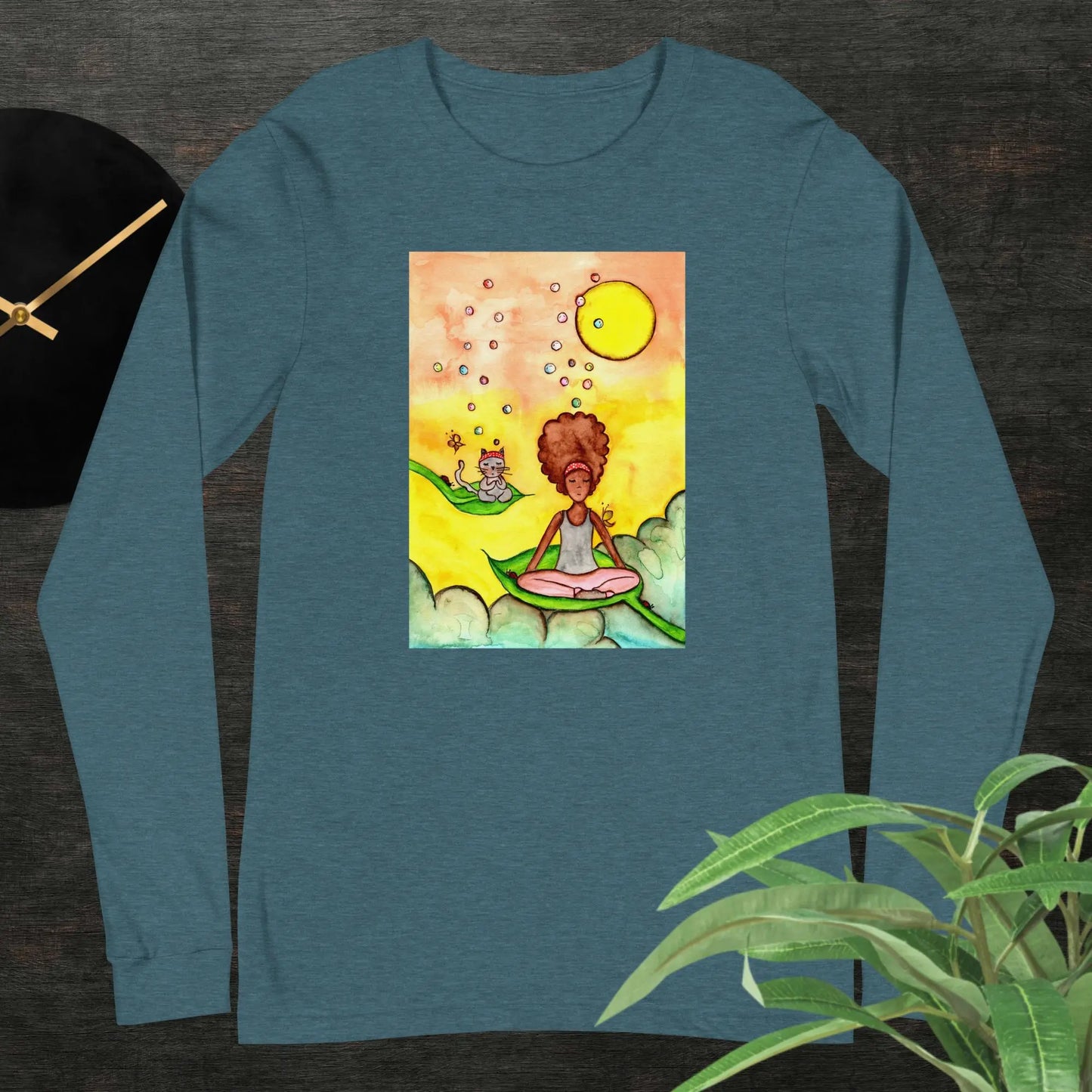 Unisex Long Sleeve Tee (cat and woman meditating)