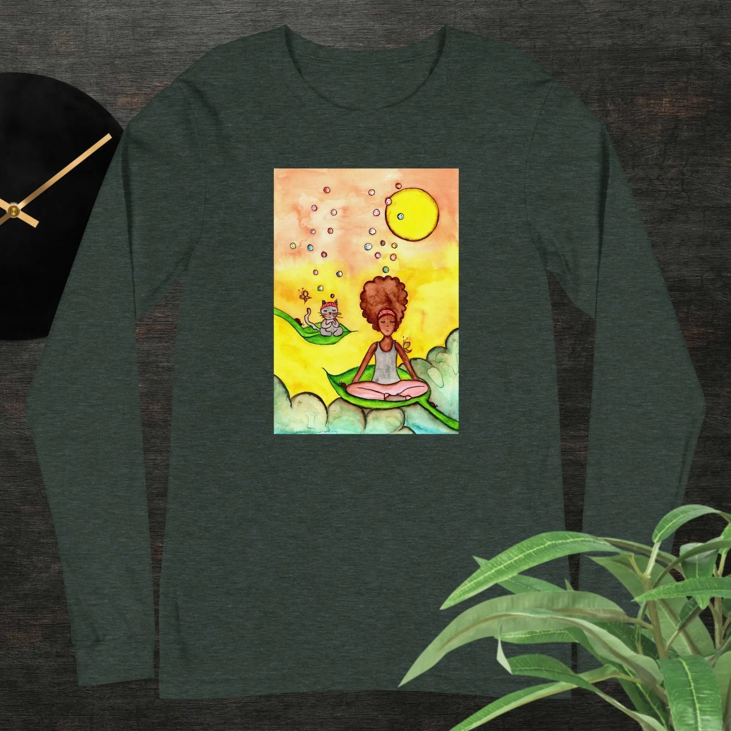 Unisex Long Sleeve Tee (cat and woman meditating)
