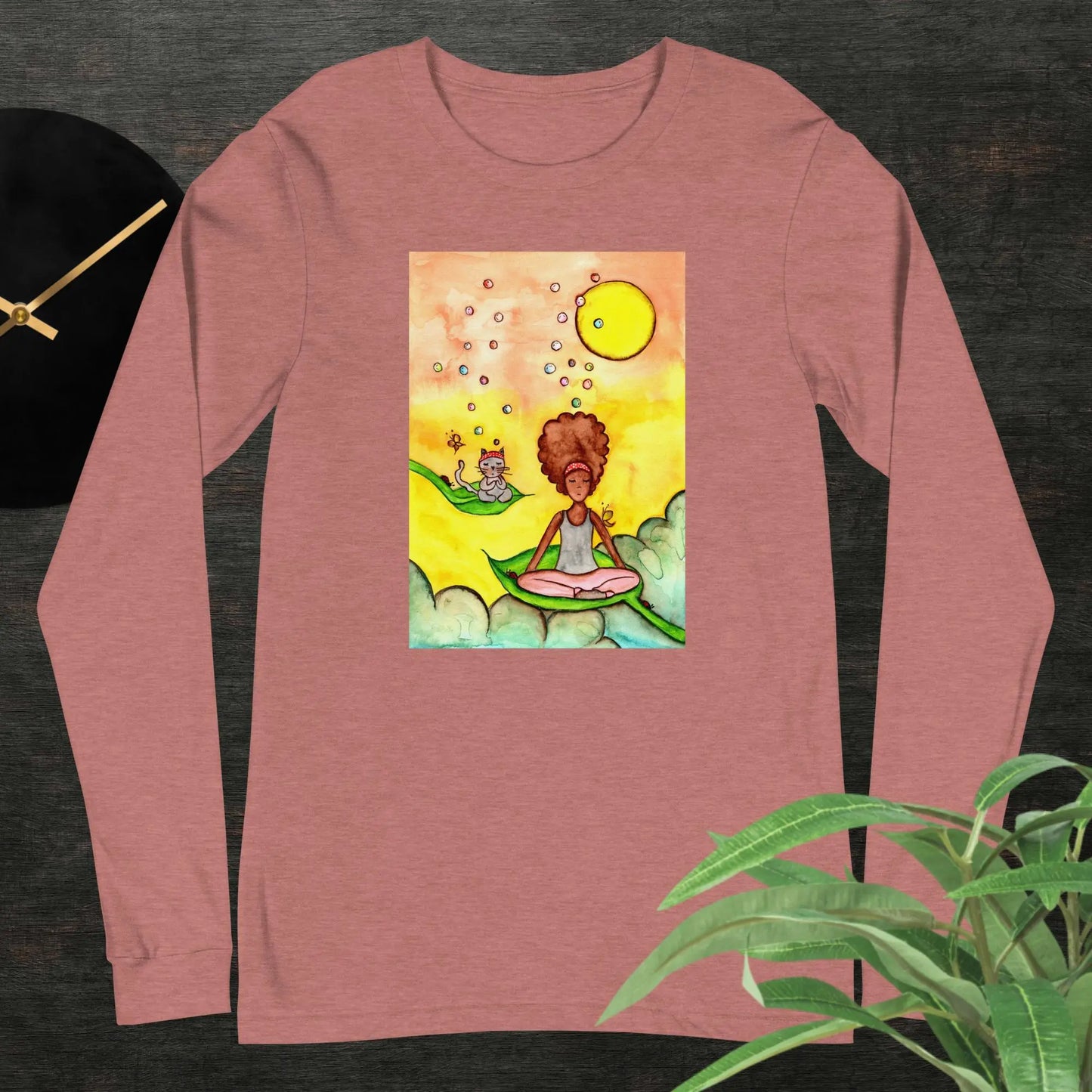 Unisex Long Sleeve Tee (cat and woman meditating)