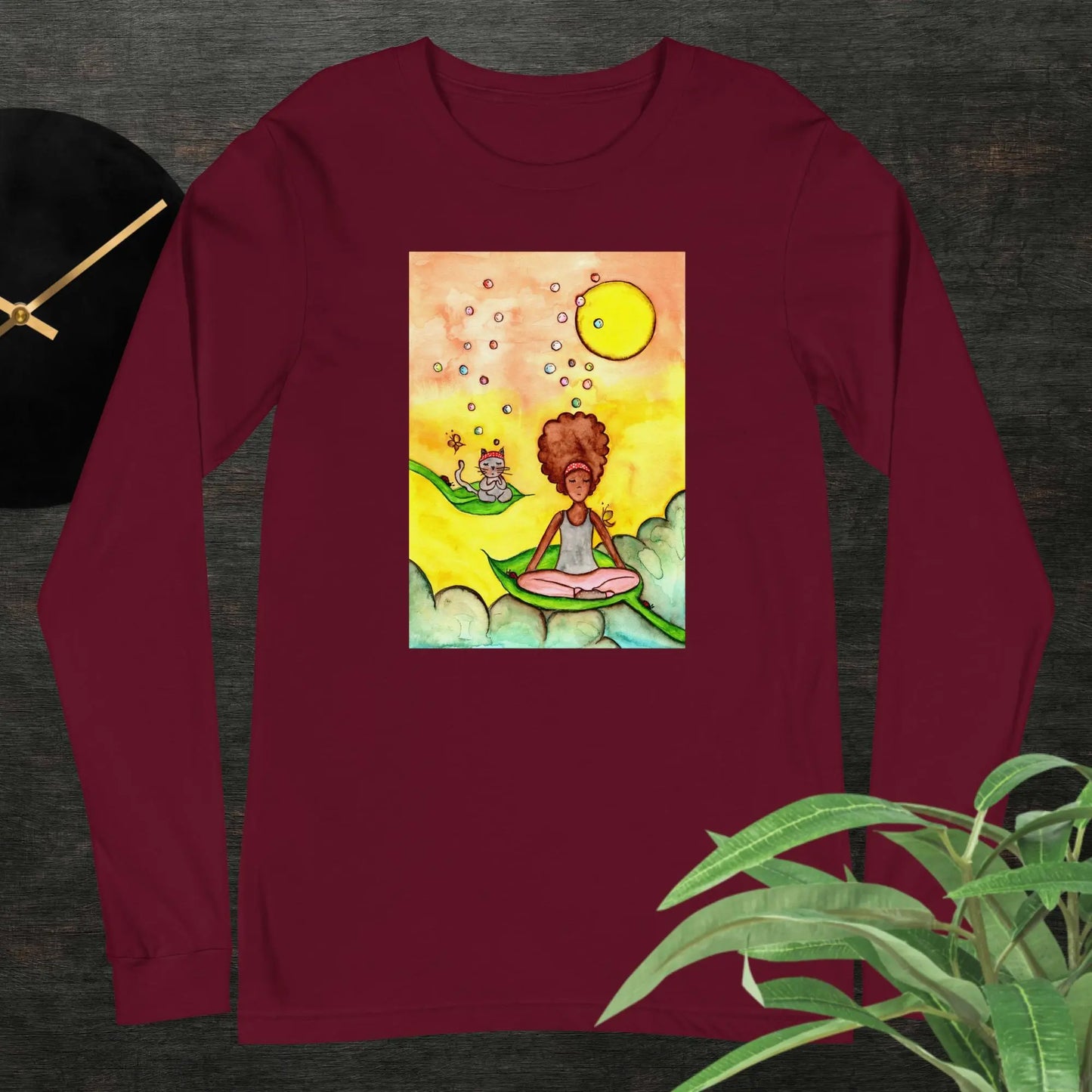 Unisex Long Sleeve Tee (cat and woman meditating)