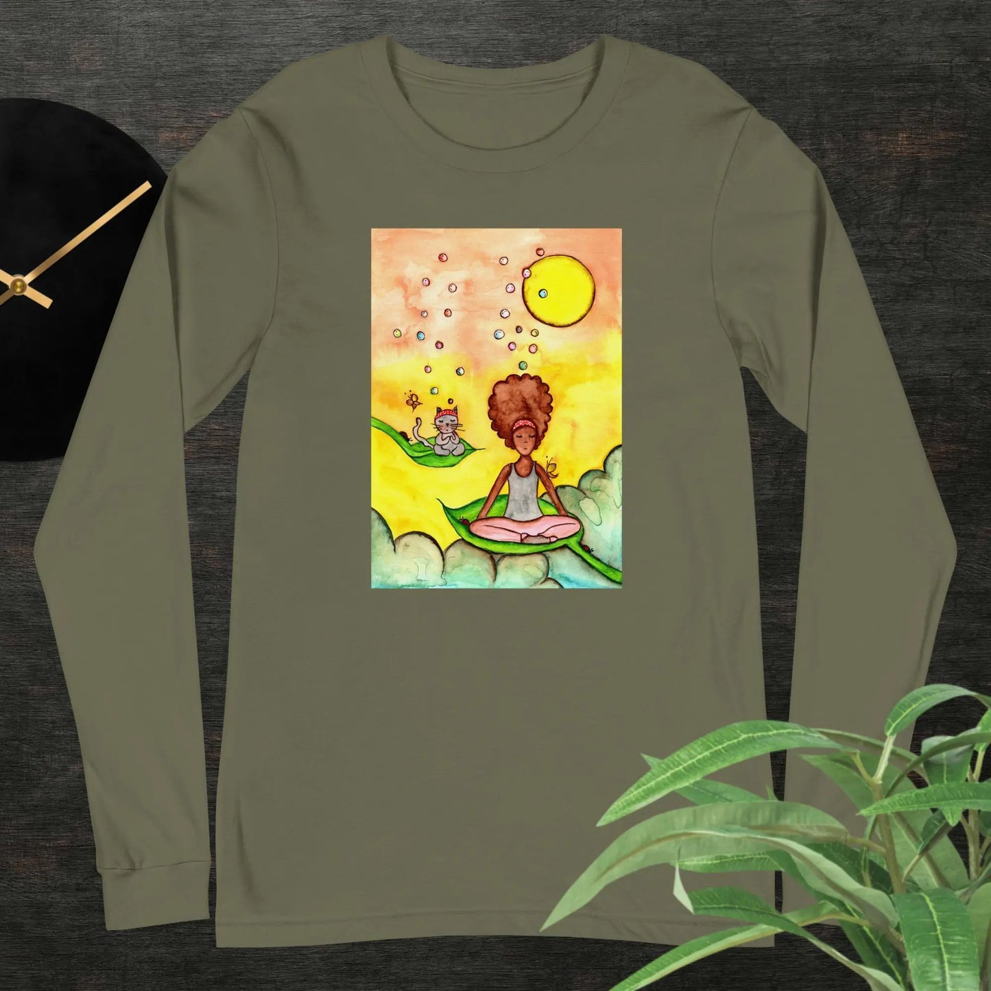 Unisex Long Sleeve Tee (cat and woman meditating)