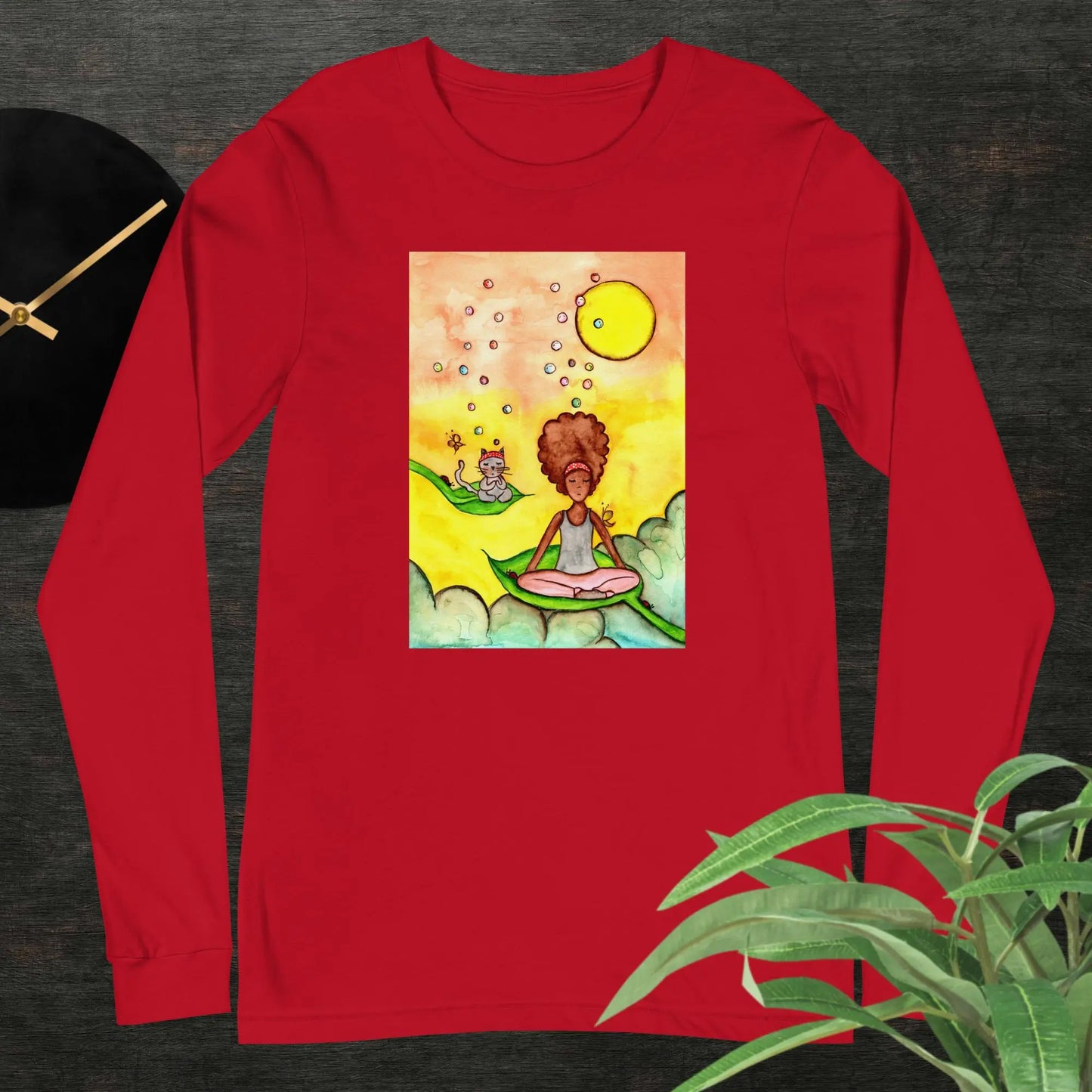 Unisex Long Sleeve Tee (cat and woman meditating)