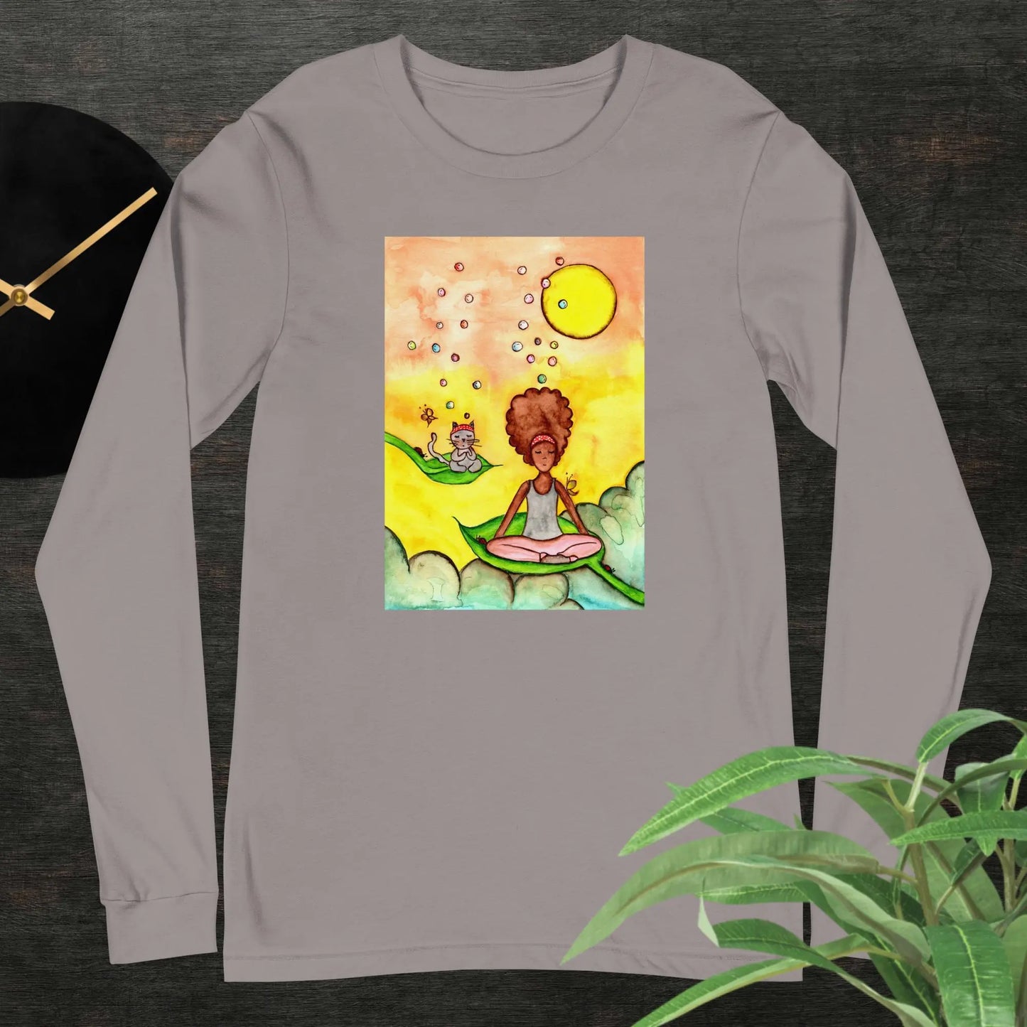 Unisex Long Sleeve Tee (cat and woman meditating)