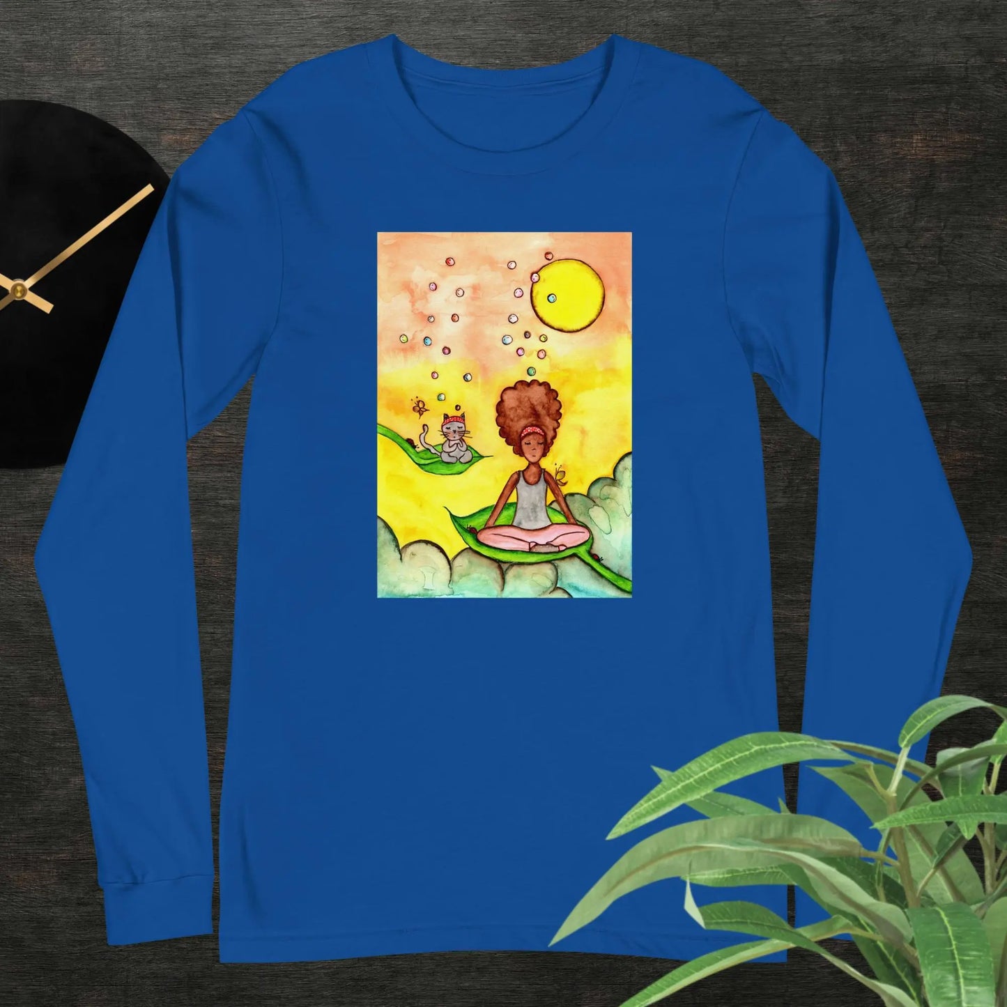 Unisex Long Sleeve Tee (cat and woman meditating)