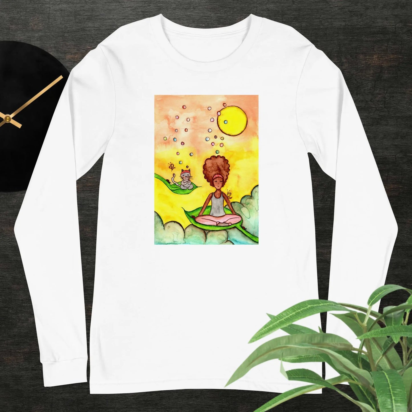 Unisex Long Sleeve Tee (cat and woman meditating)