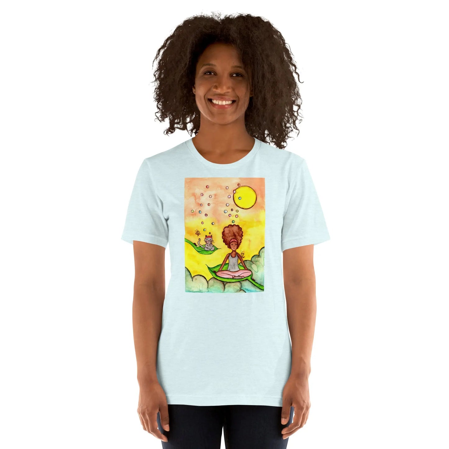 Unisex Staple T-Shirt (cat and woman meditating)