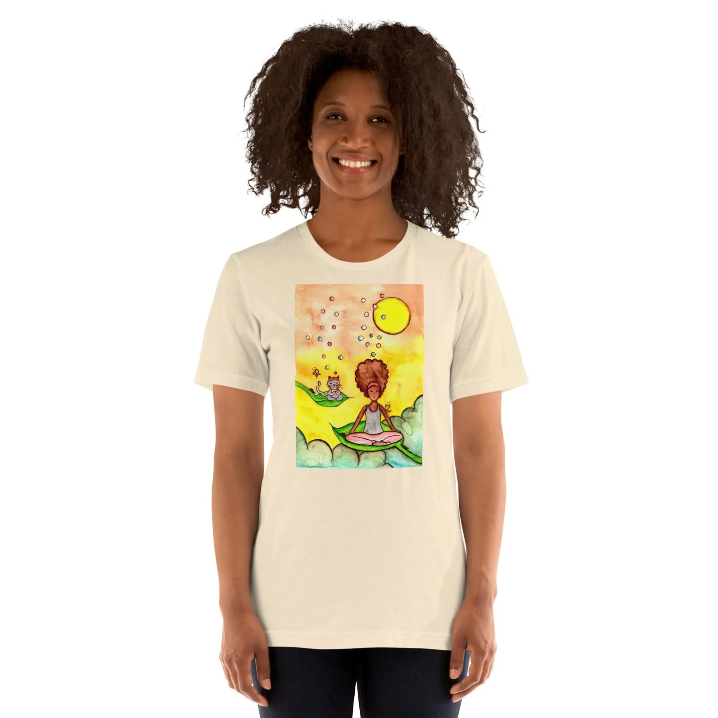 Unisex Staple T-Shirt (cat and woman meditating)