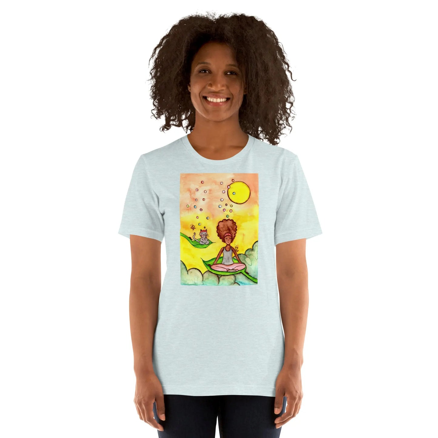 Unisex Staple T-Shirt (cat and woman meditating)
