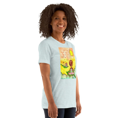 Unisex Staple T-Shirt (cat and woman meditating)