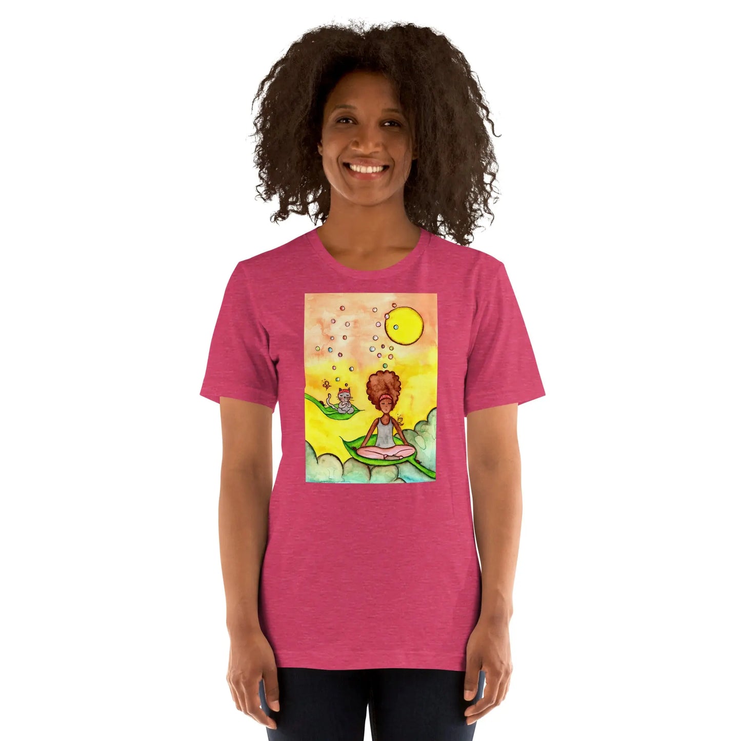 Unisex Staple T-Shirt (cat and woman meditating)