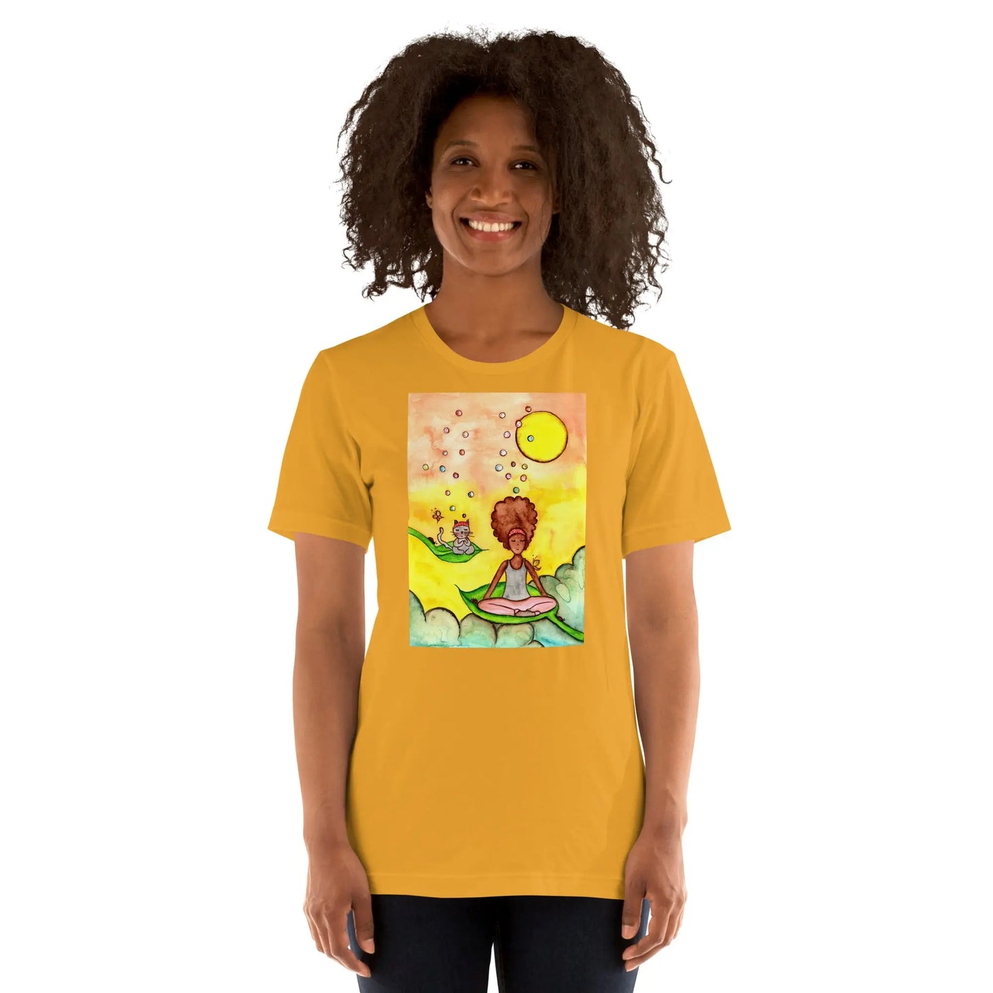 Unisex Staple T-Shirt (cat and woman meditating)