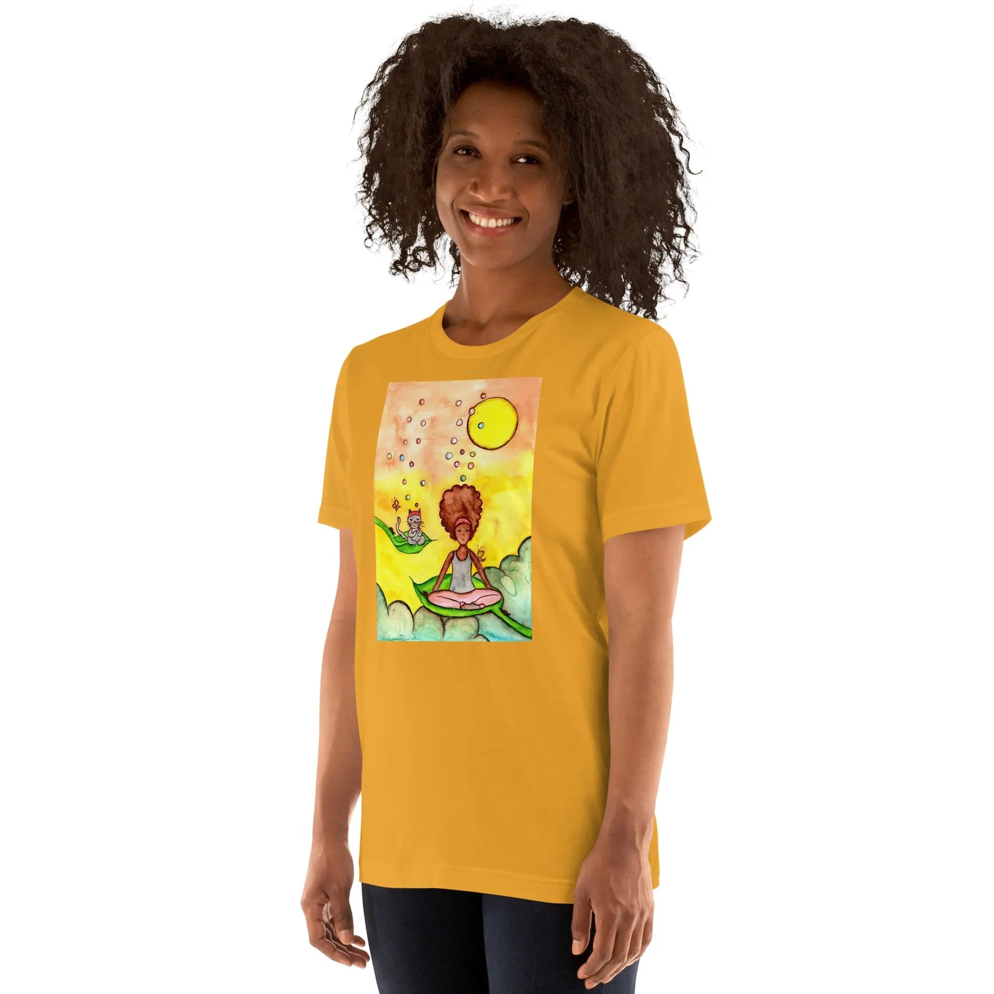 Unisex Staple T-Shirt (cat and woman meditating)