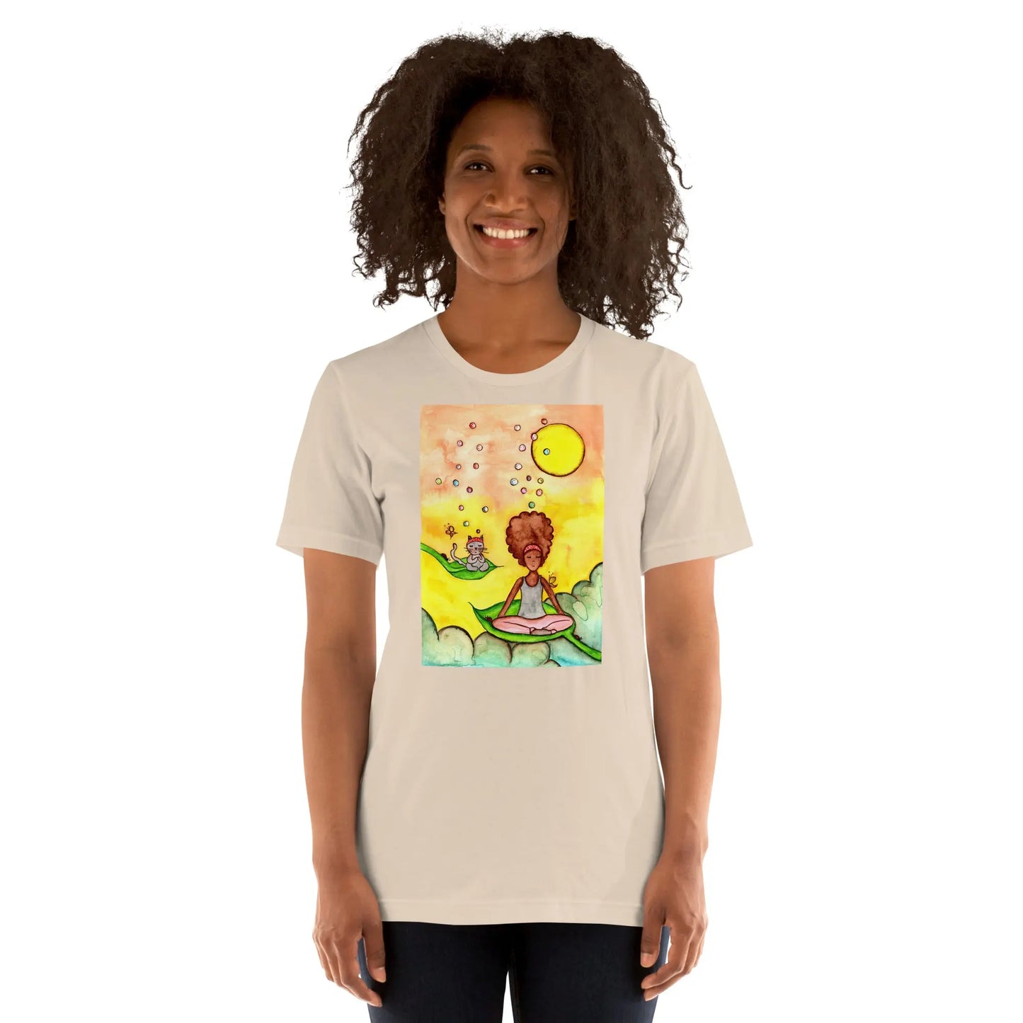 Unisex Staple T-Shirt (cat and woman meditating)