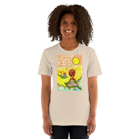 Unisex Staple T-Shirt (cat and woman meditating)