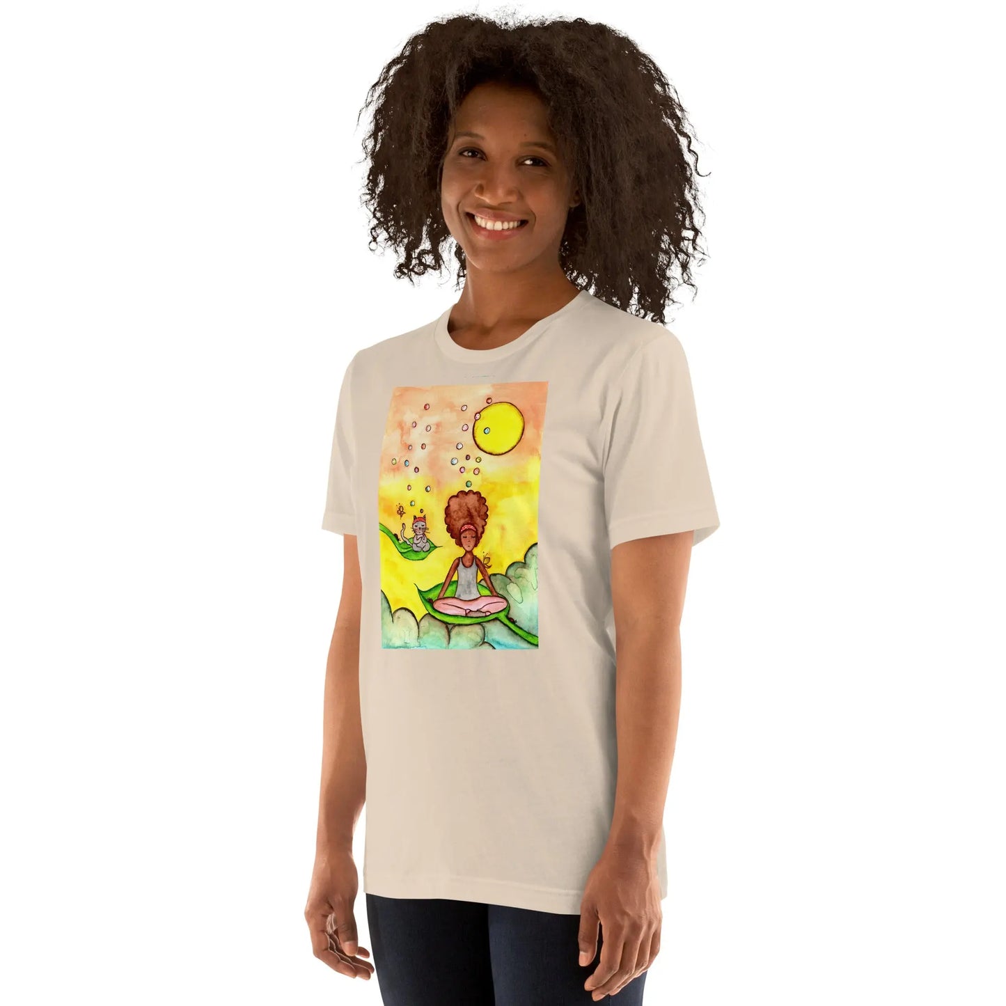 Unisex Staple T-Shirt (cat and woman meditating)