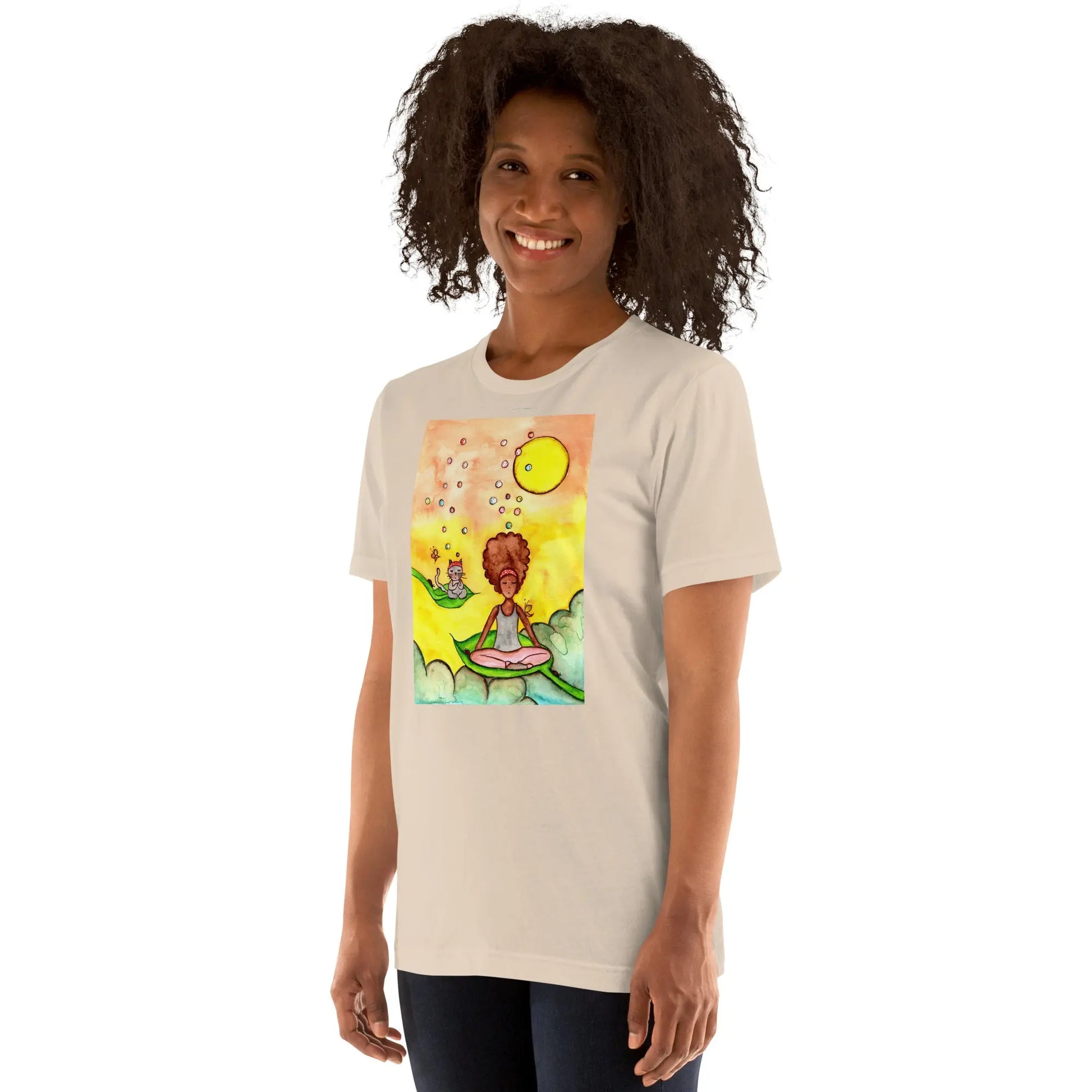 Unisex Staple T-Shirt (cat and woman meditating)