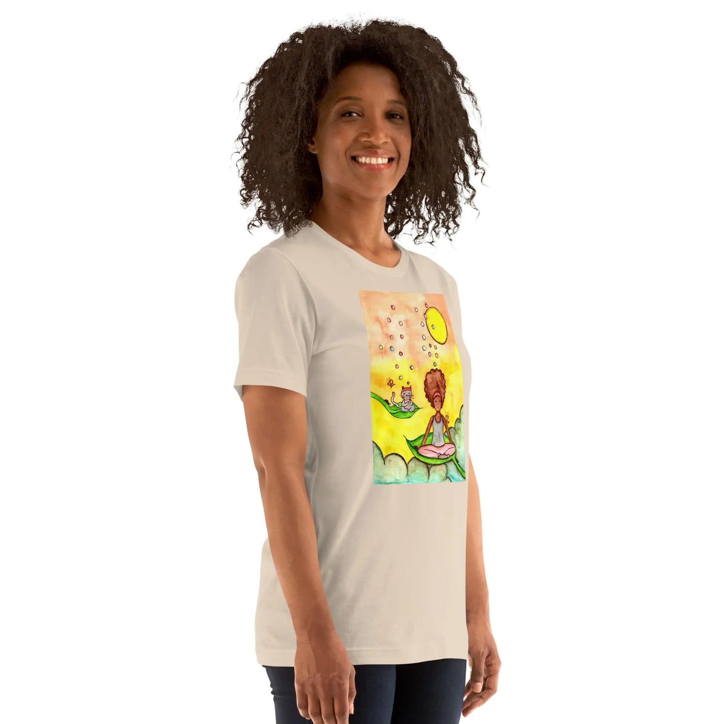Unisex Staple T-Shirt (cat and woman meditating)