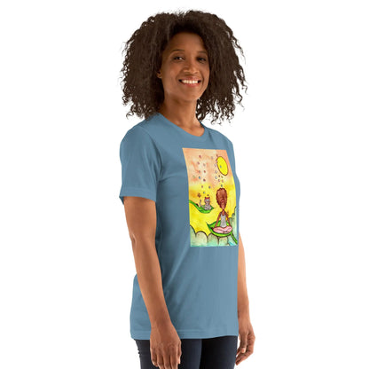 Unisex Staple T-Shirt (cat and woman meditating)