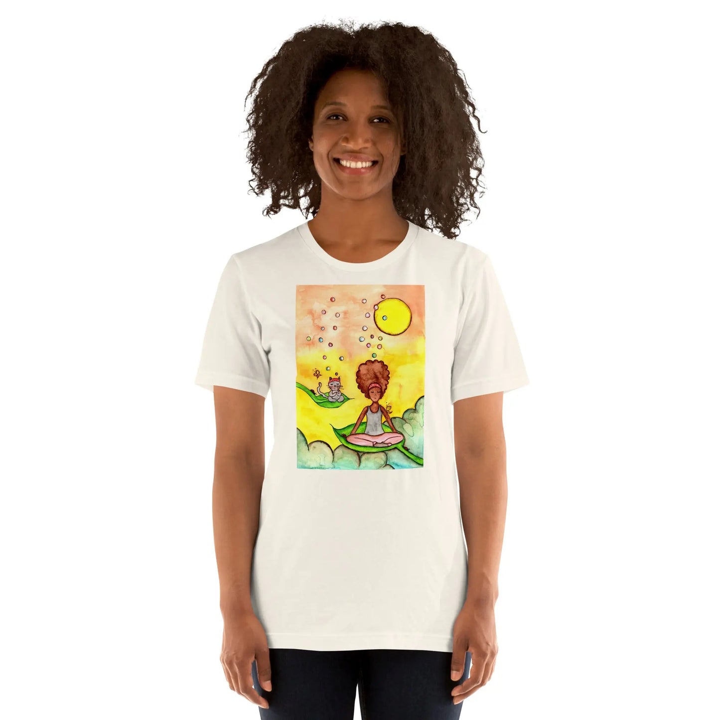Unisex Staple T-Shirt (cat and woman meditating)