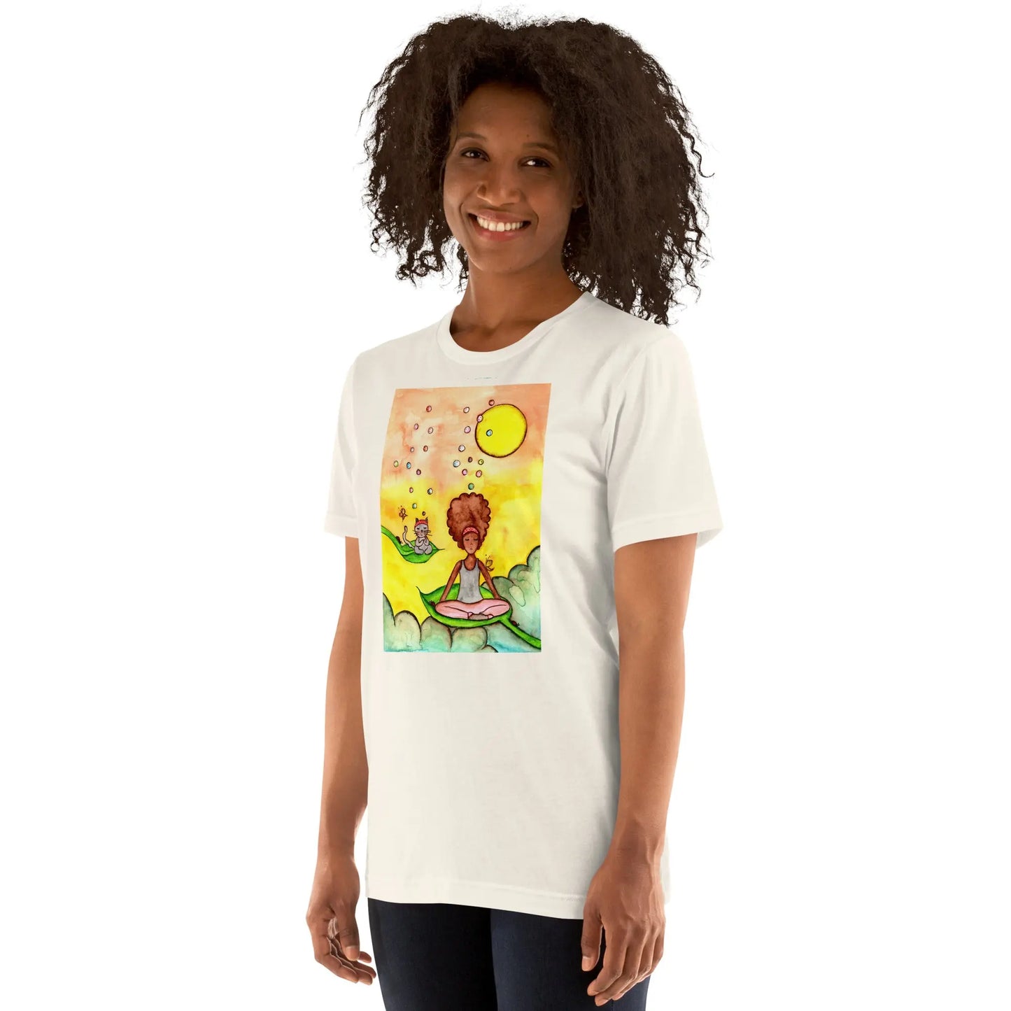 Unisex Staple T-Shirt (cat and woman meditating)