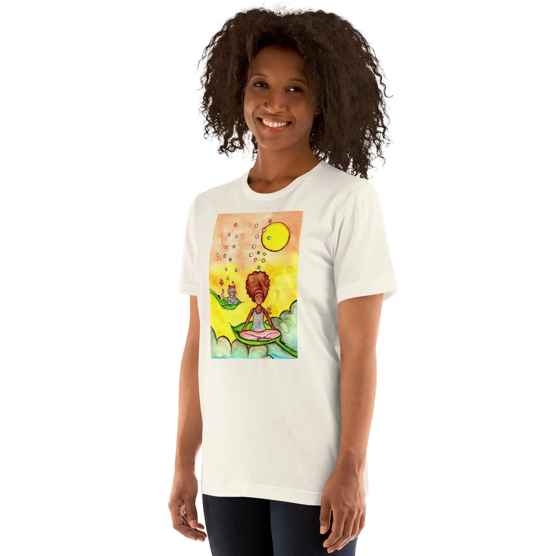Unisex Staple T-Shirt (cat and woman meditating)