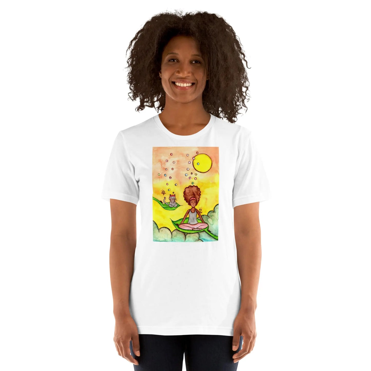 Unisex Staple T-Shirt (cat and woman meditating)