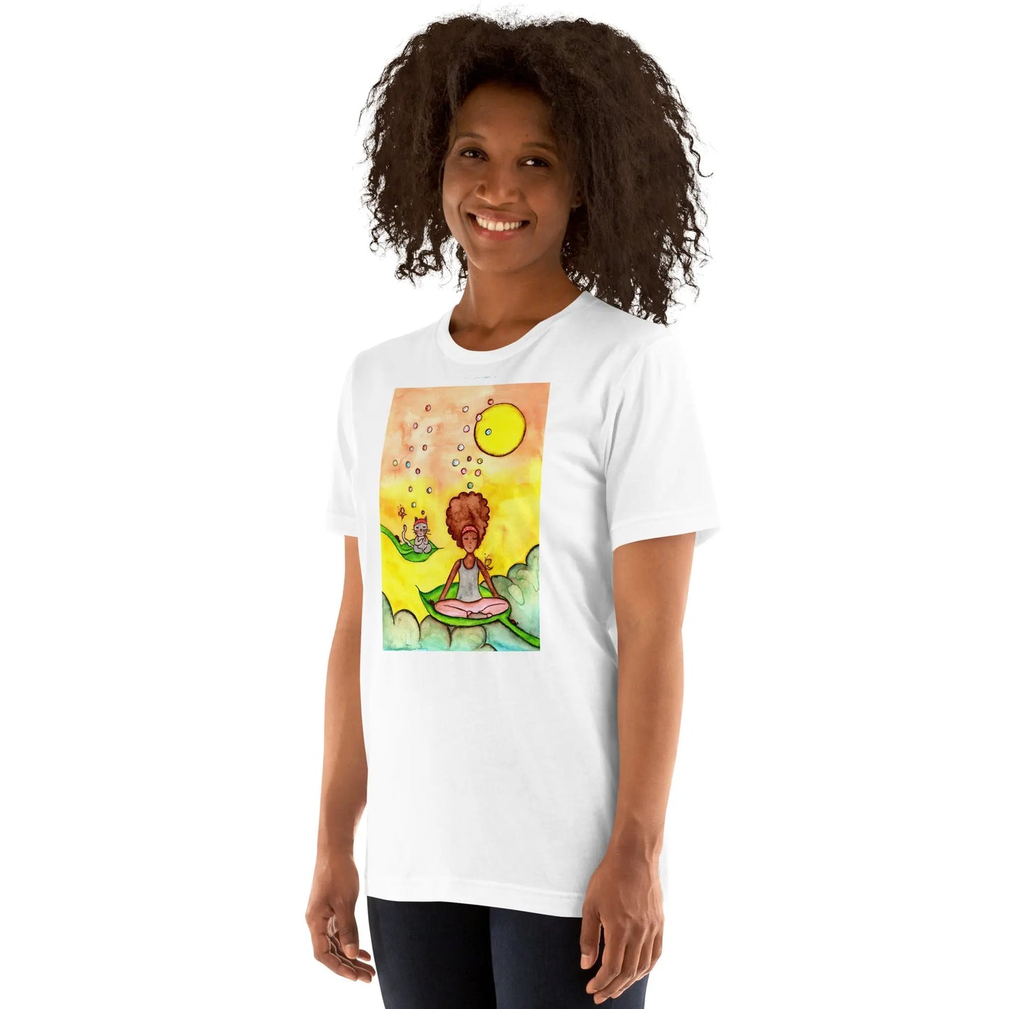 Unisex Staple T-Shirt (cat and woman meditating)
