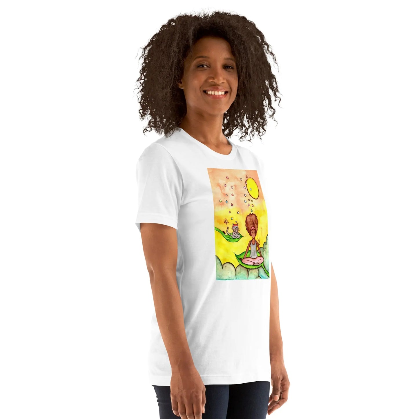 Unisex Staple T-Shirt (cat and woman meditating)