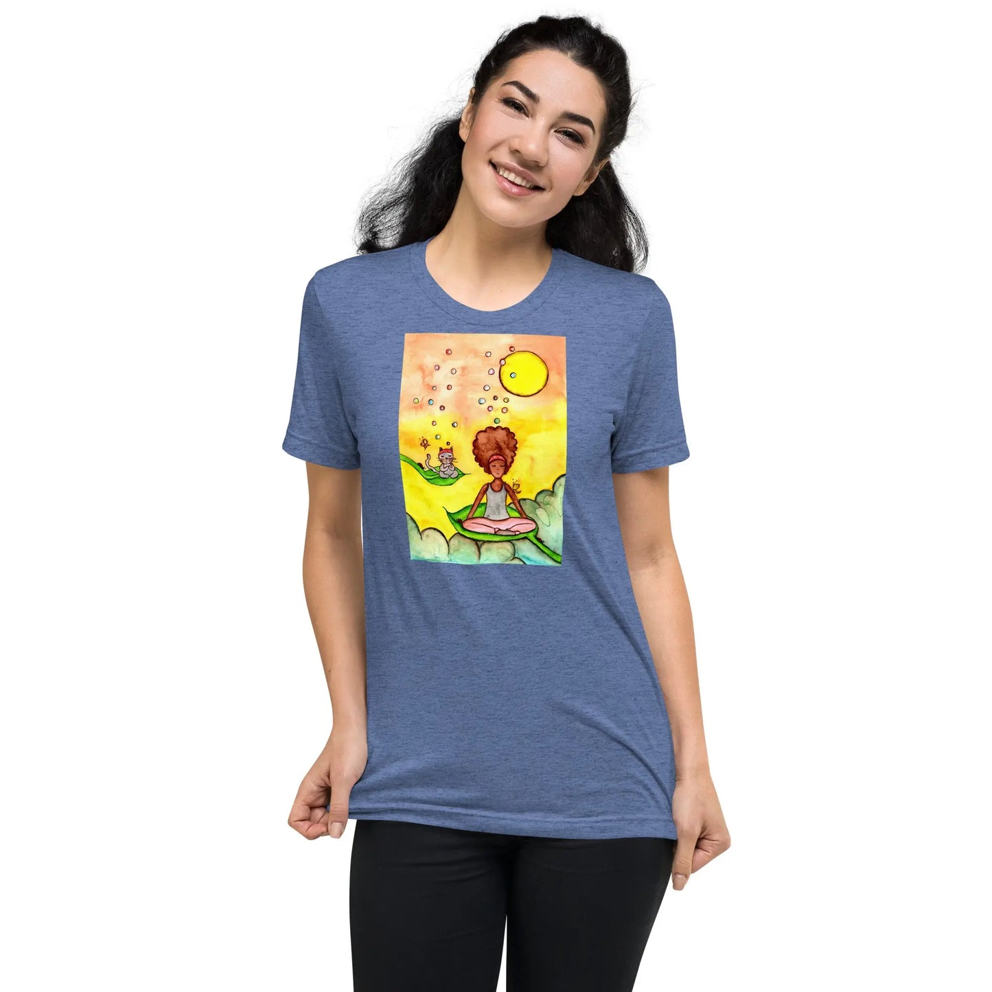 Unisex Tri-Blend T-shirt (cat and woman meditating)