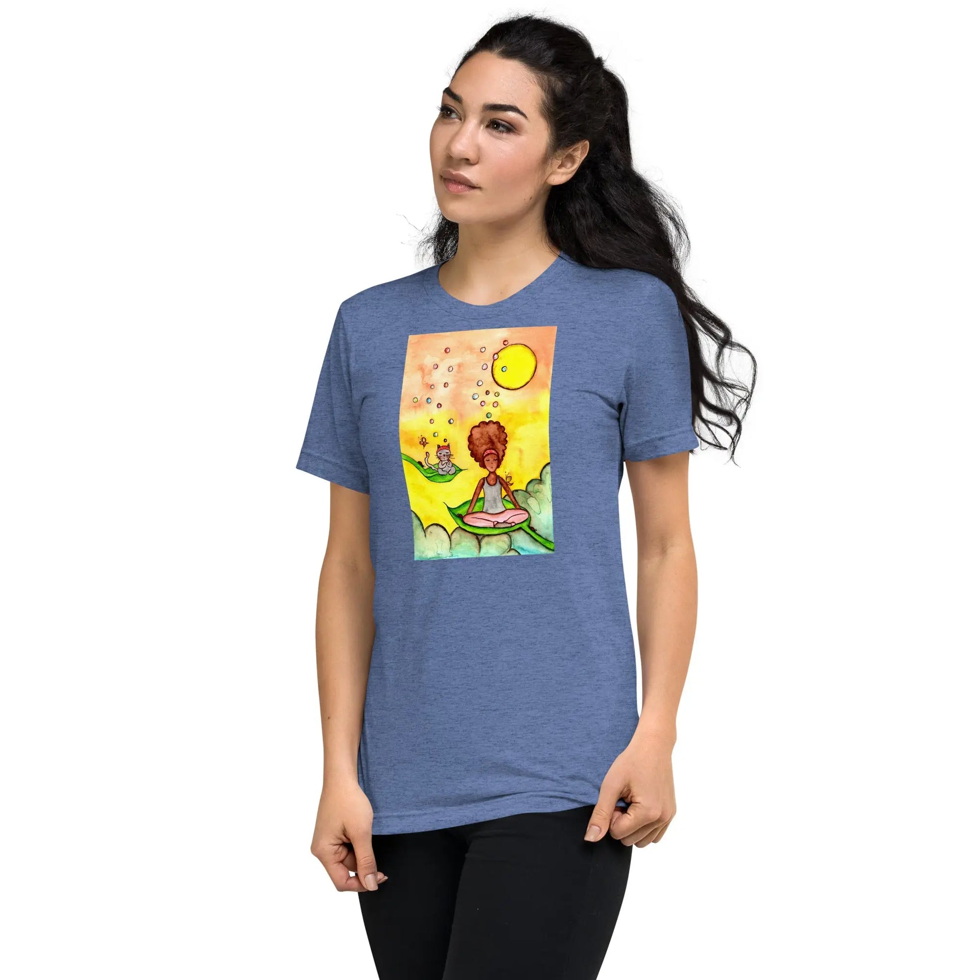 Unisex Tri-Blend T-shirt (cat and woman meditating)