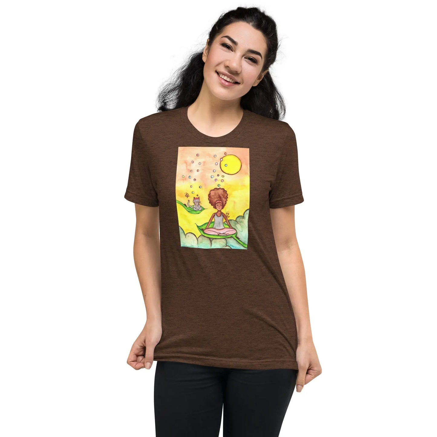 Unisex Tri-Blend T-shirt (cat and woman meditating)