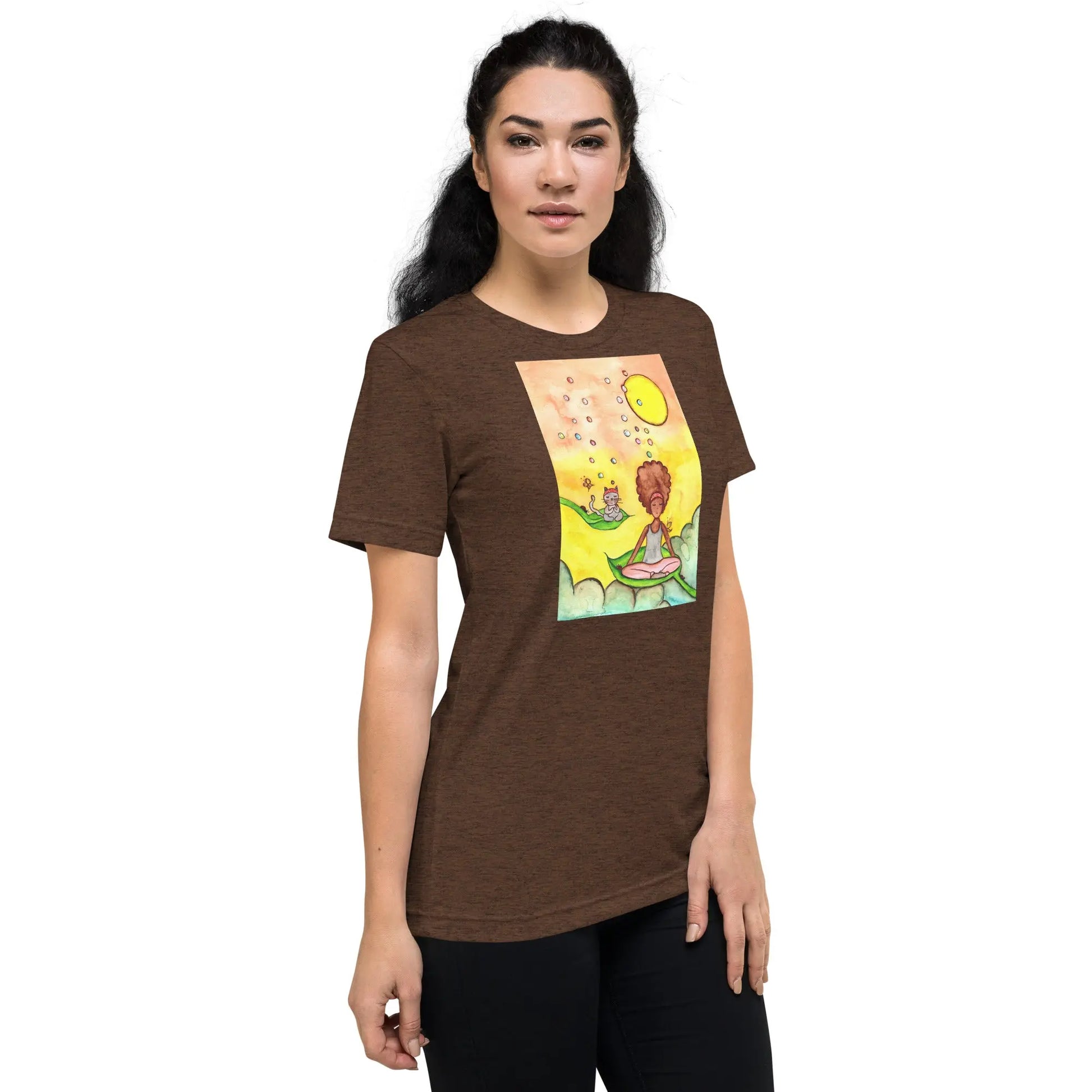 Unisex Tri-Blend T-shirt (cat and woman meditating)