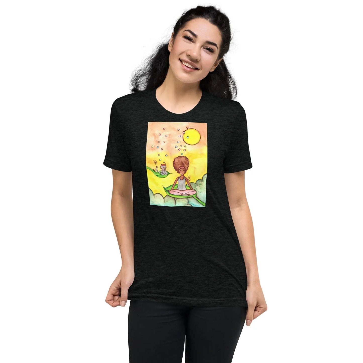 Unisex Tri-Blend T-shirt (cat and woman meditating)