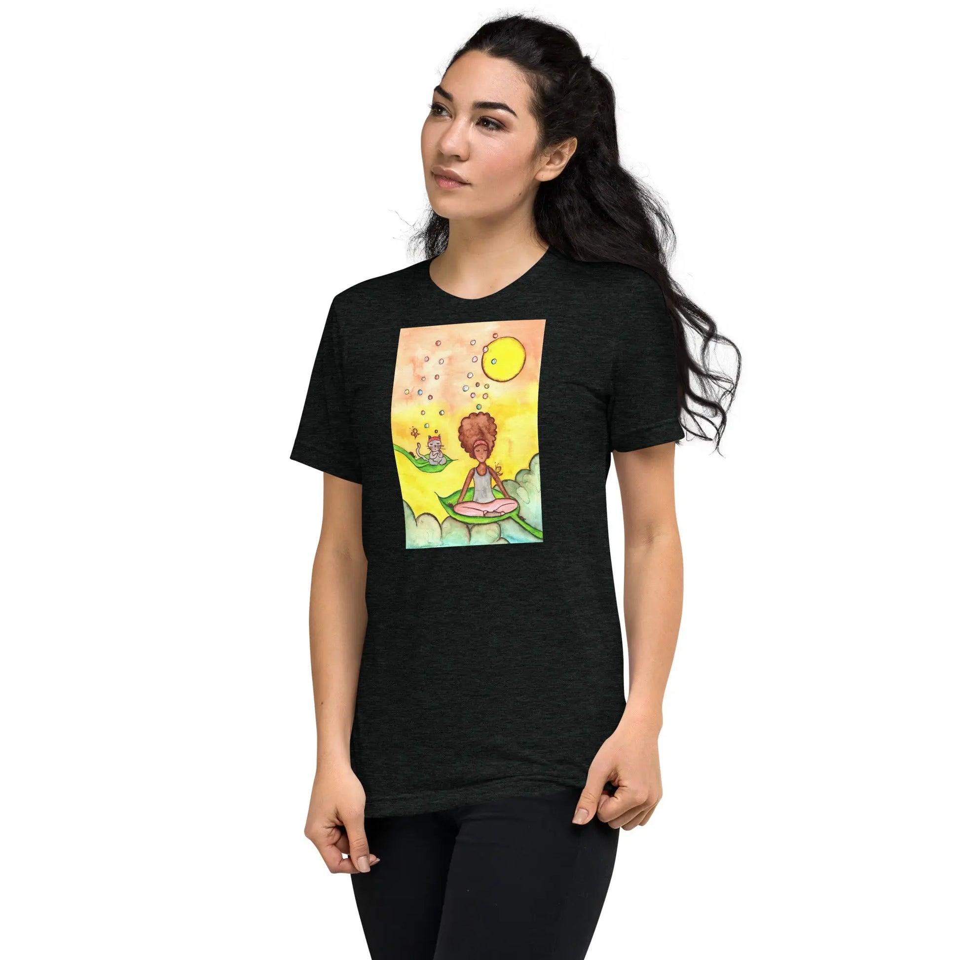 Unisex Tri-Blend T-shirt (cat and woman meditating)