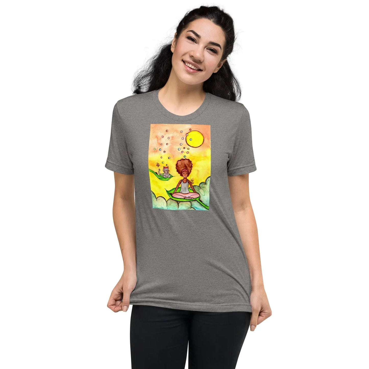 Unisex Tri-Blend T-shirt (cat and woman meditating)