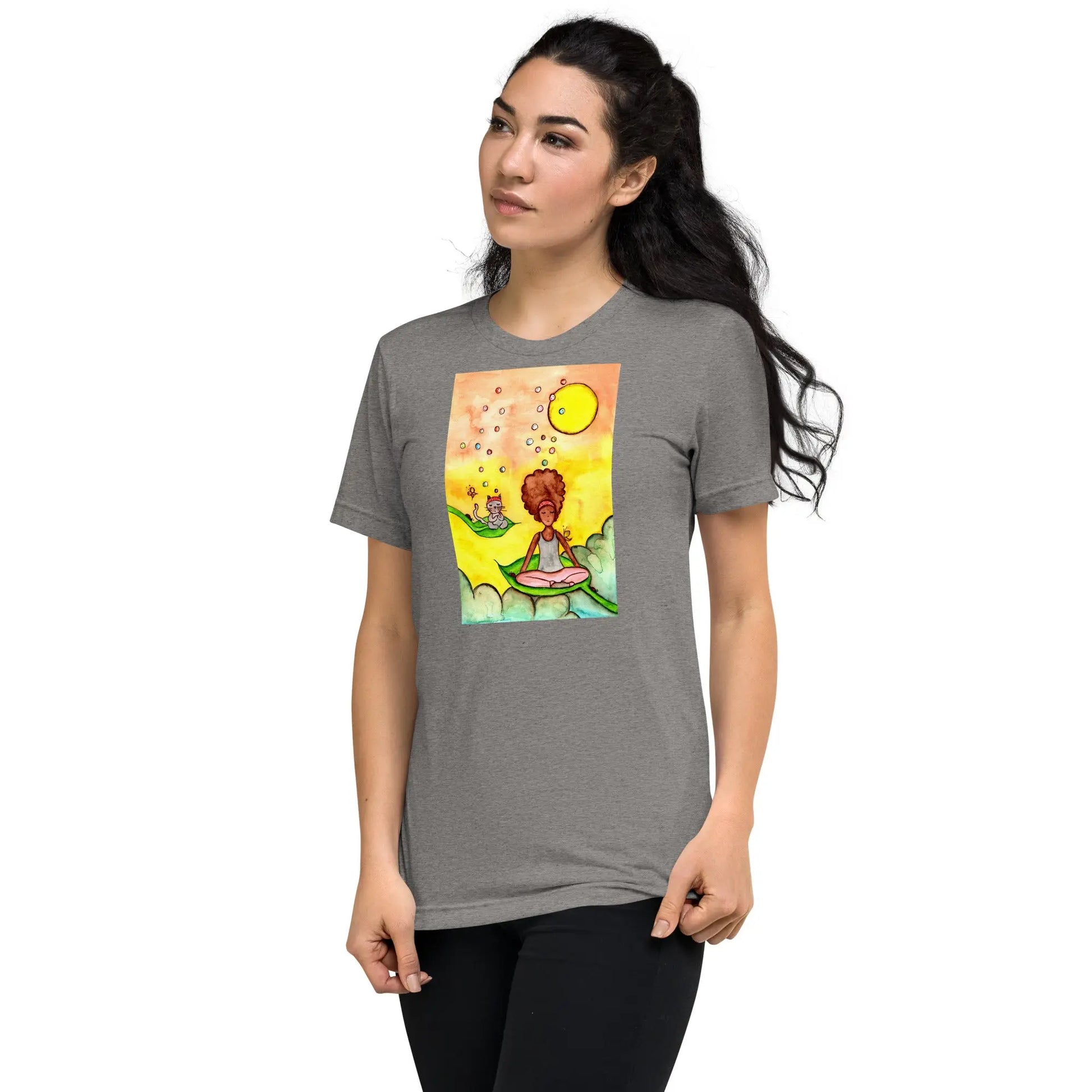 Unisex Tri-Blend T-shirt (cat and woman meditating)
