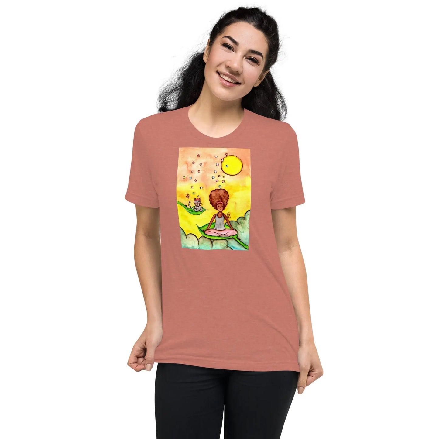 Unisex Tri-Blend T-shirt (cat and woman meditating)