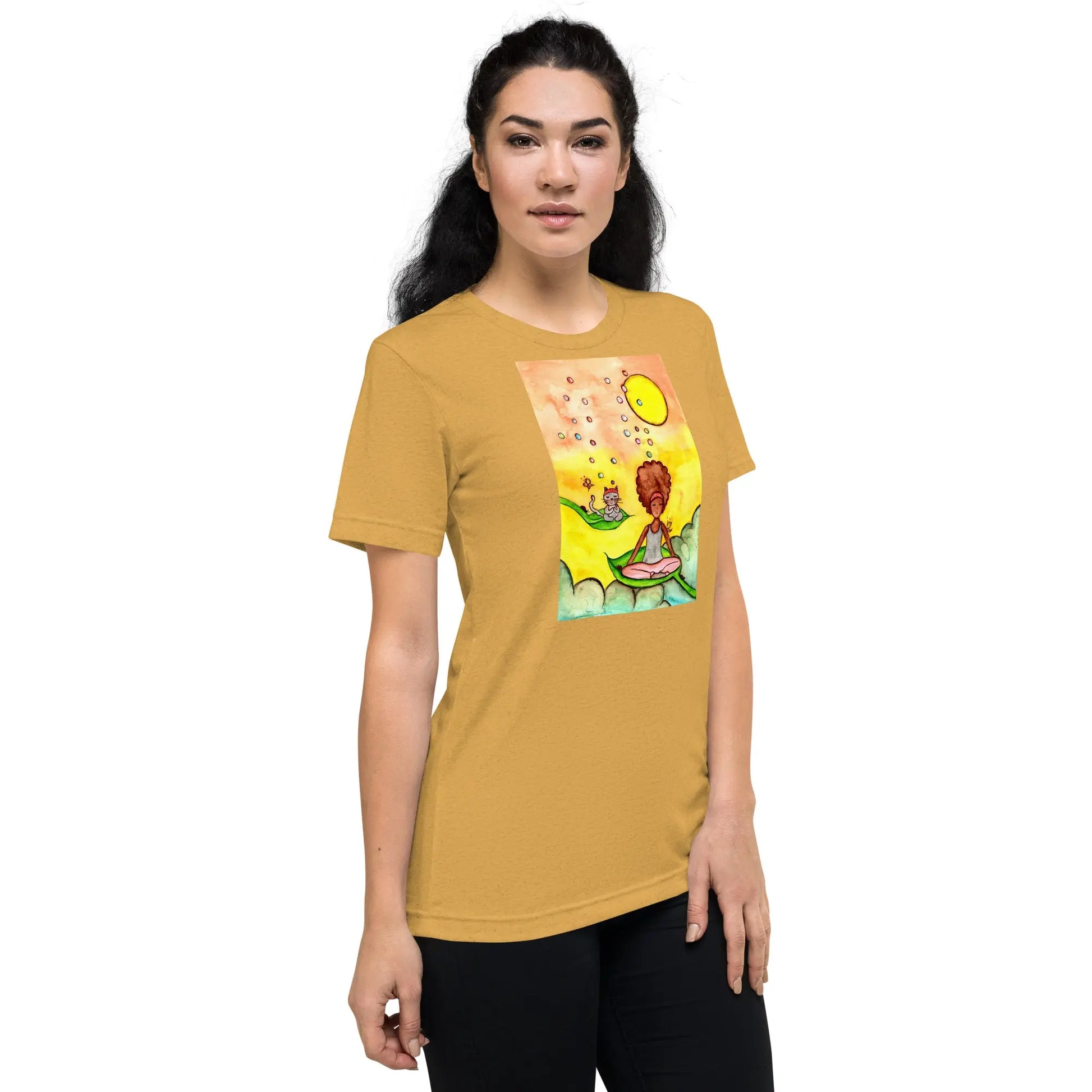 Unisex Tri-Blend T-shirt (cat and woman meditating)