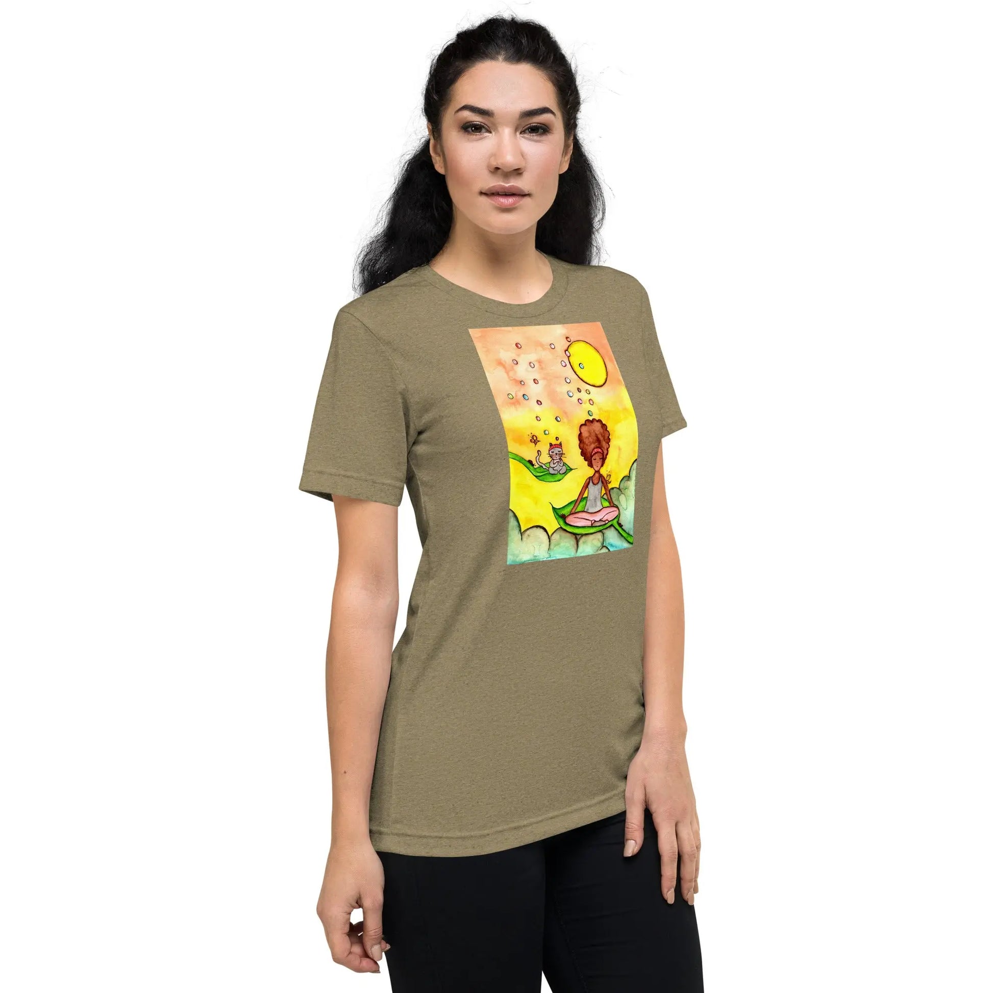 Unisex Tri-Blend T-shirt (cat and woman meditating)