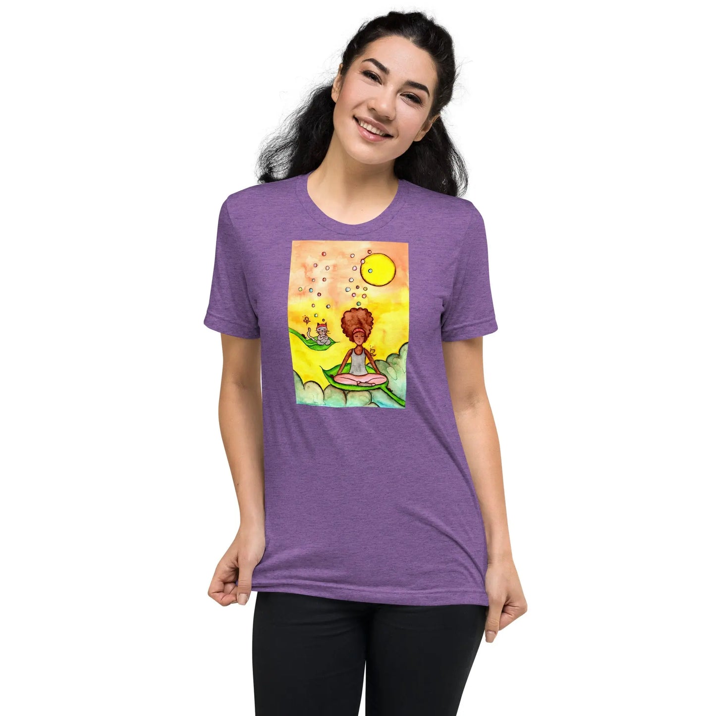 Unisex Tri-Blend T-shirt (cat and woman meditating)