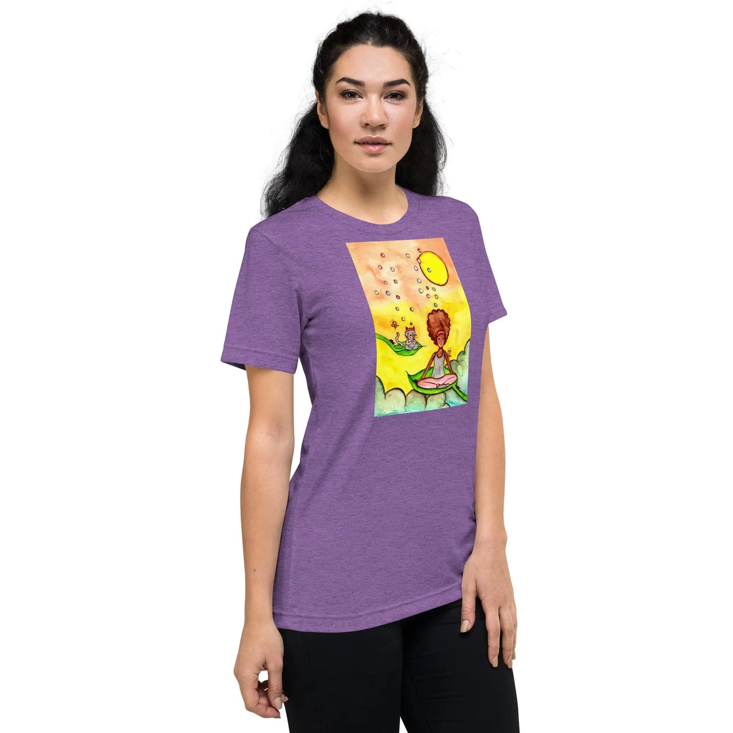 Unisex Tri-Blend T-shirt (cat and woman meditating)