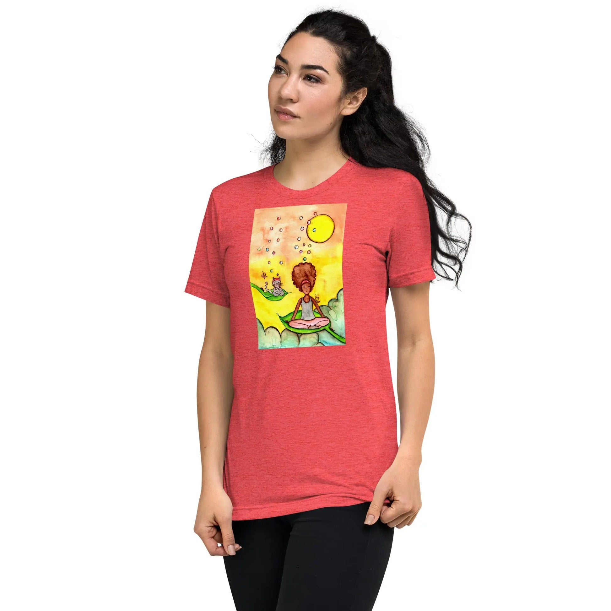 Unisex Tri-Blend T-shirt (cat and woman meditating)