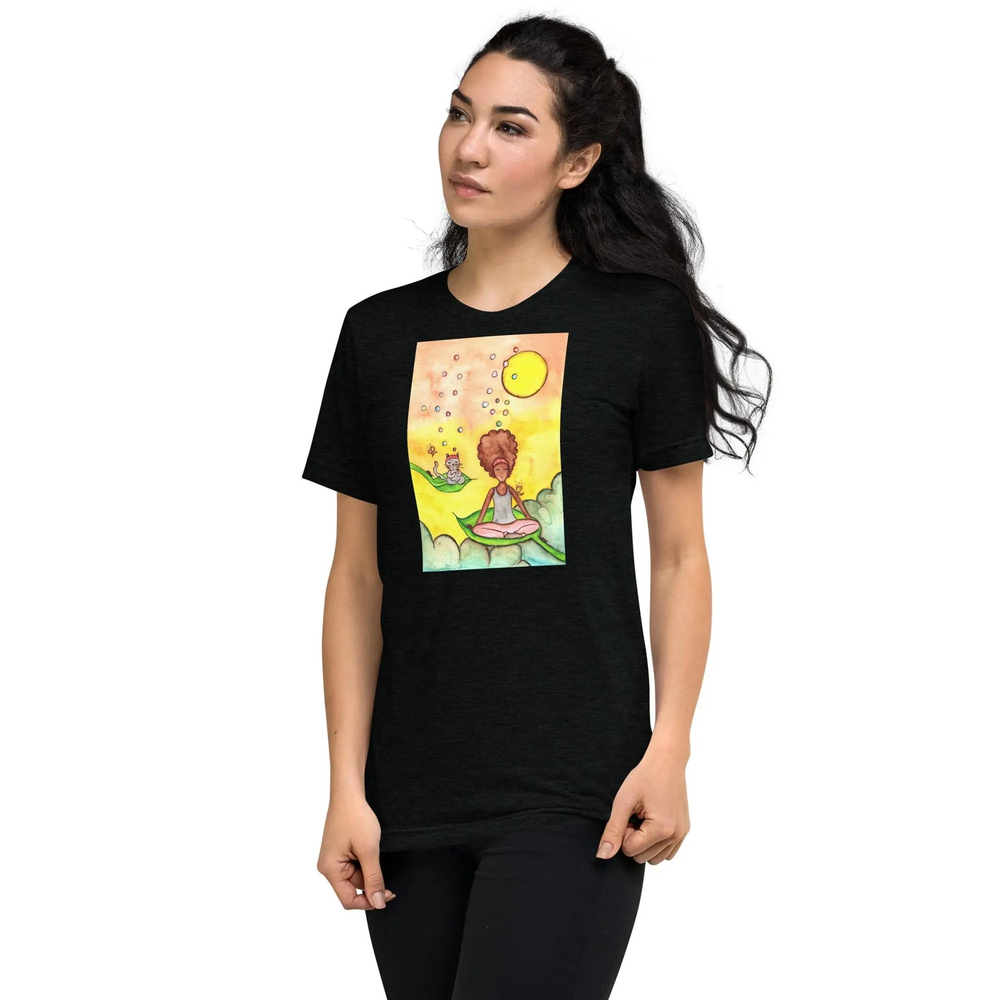 Unisex Tri-Blend T-shirt (cat and woman meditating)