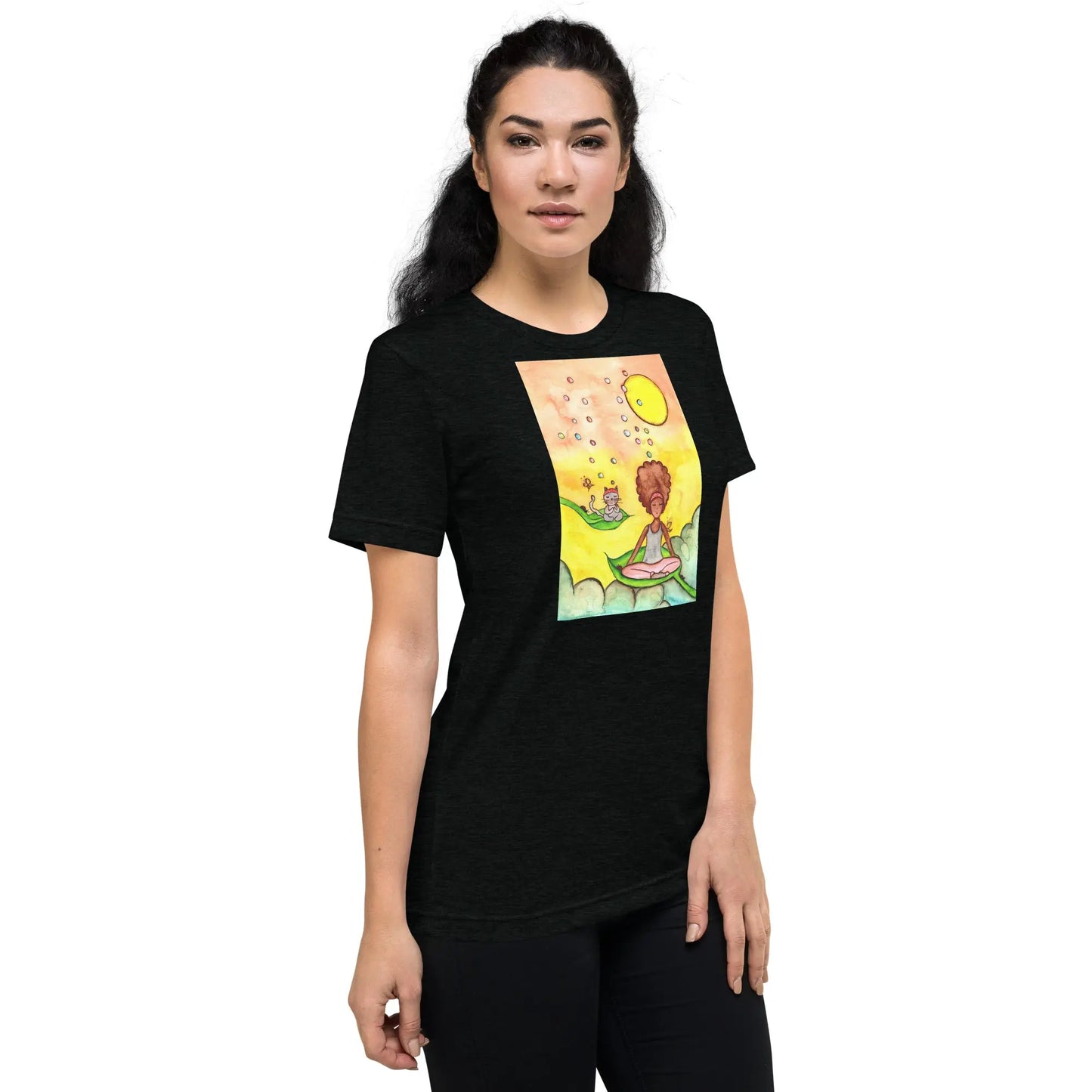 Unisex Tri-Blend T-shirt (cat and woman meditating)